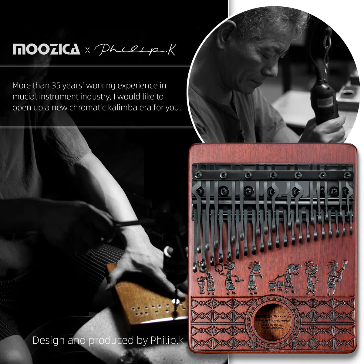 MOOZICA 36 Tasten Chromatisch Kalimba, Double-Layer Klavier Layout 36 Zinken Kalimba Daumenklavier, professionelles Kalimba aus massivem Mahagoni (BKA36-Neu)