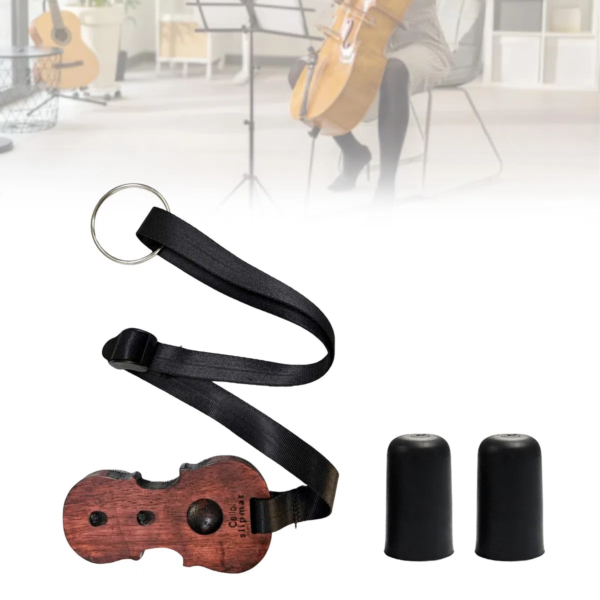 Cello Anti Rutsch Riemen, Holz Cello Rutsch Stopper mit 2 Anti Kappe, mit verstellbarem Nylongurt und 3 Löchern für Musikinstrument