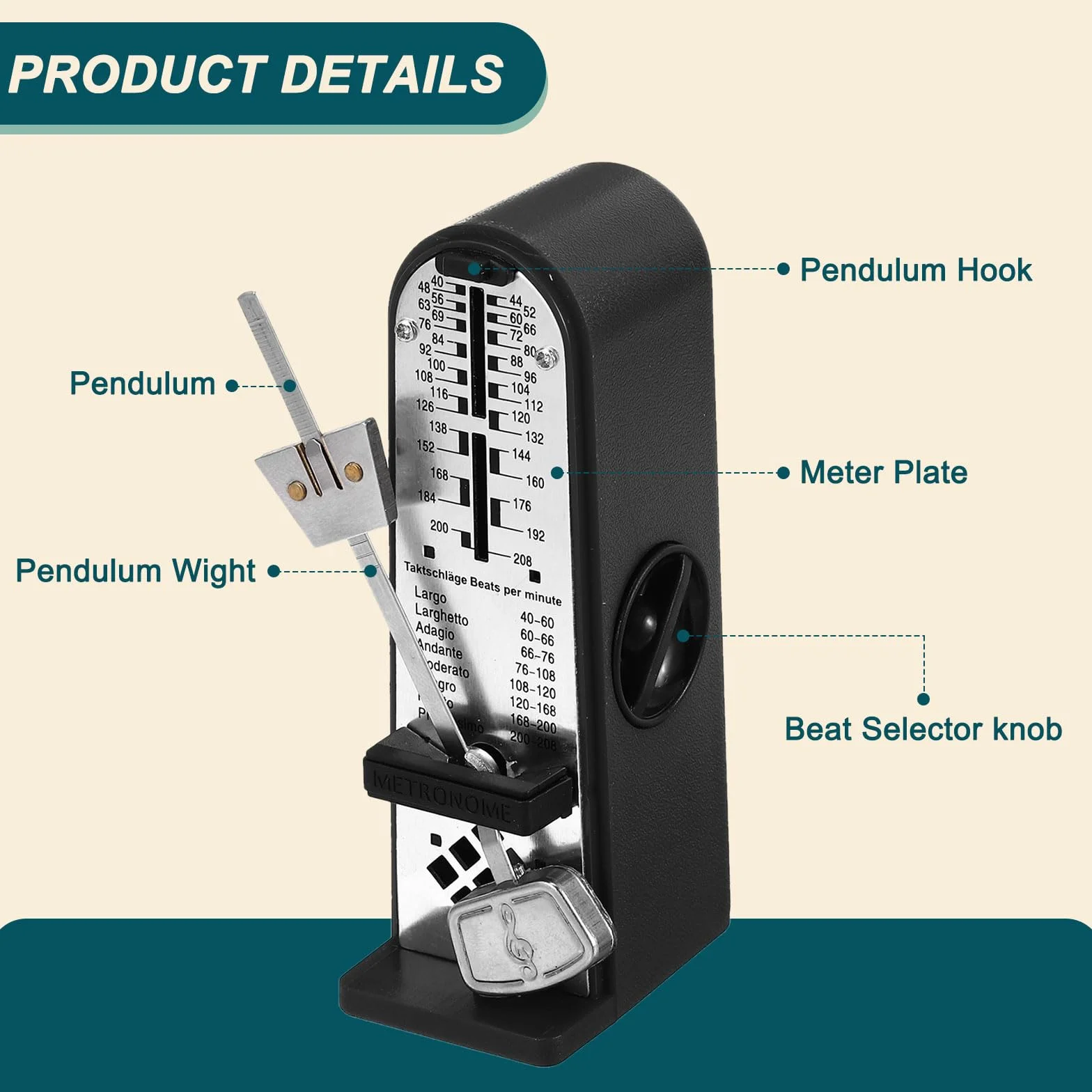 QUARKZMAN Mini Mechanisches Metronom Hohe Genauigkeit Professioneller Musiktimer Universelles Metronom Für Piano Gitarre Violine Ukulele Spieler Schwarz