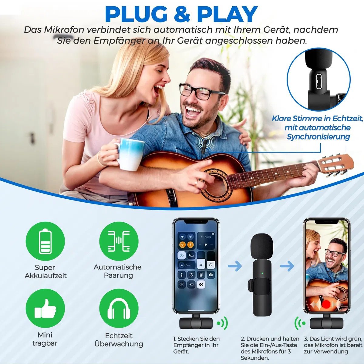 Kabelloses Lavalier Mikrofon für Android Telefon/Laptop mit USB C – Wireless Mini Mikrofon für Handy – Kleines Lavalier Mikrofon USB C Kabellos Ansteckmikrofon für Aufnahme, YouTube, Facebook, TikTok