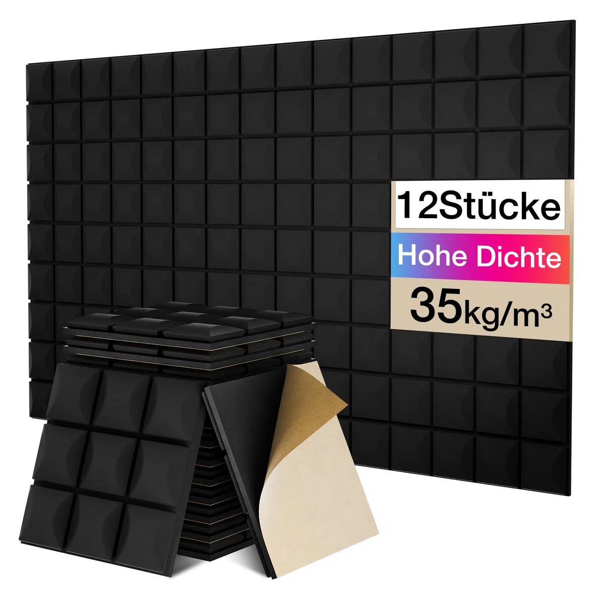 Fstop Labs 12 Stücke Selbstklebend Schallabsorber, Dichte 35 kg/m³, 3x30x30cm, 3D Hochdichte Akustikschaumstoff, Hall-Echo-Fliesen reduzieren, für Wand, Tonstudio, Arbeitszimmer, Aufnahmestudios, Büro