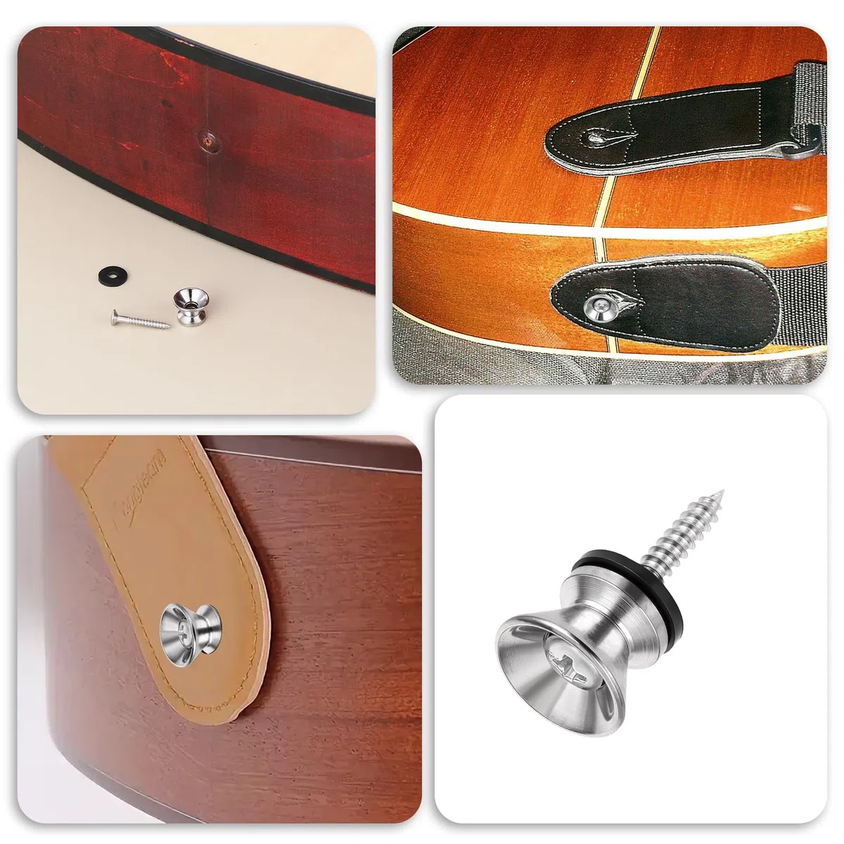 Giantree 4 Stück Gitarrengurtknöpfe, Metall Gitarrengurt Endknopf mit Befestigungsschrauben und Gummi Kissen Gurtschlösser für Klassische Elektrische Akustik Gitarre Bass Ukulele (Silber)