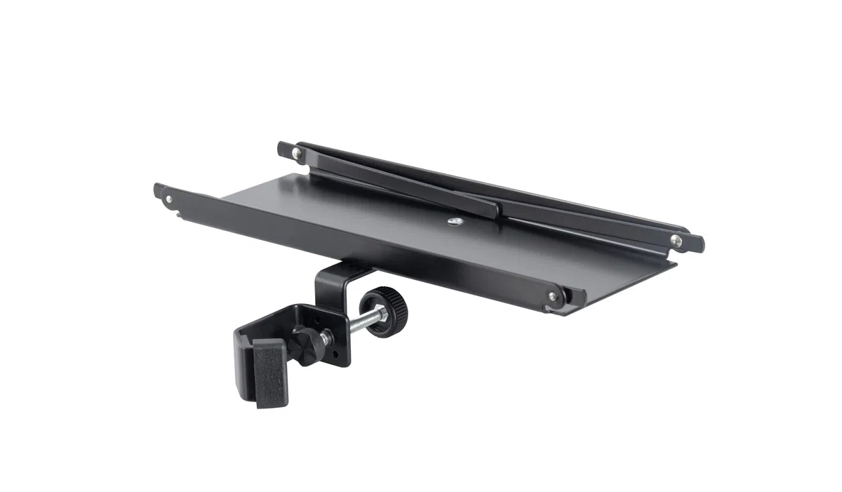 K&M 13105 Notenablage Schwarz Aluminium mit 9 cm x 24 cm Fläche mit 4 klappbaren Streben - klemmbar an Rohre bis ø 3 cm