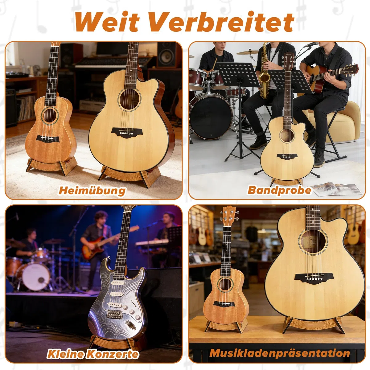 Gitarrenständer aus Holz | Klappbarer L-Form Gitarrenhalter für Akustik, E-Gitarre, Ukulele | Anti-Rutsch Silikon, Stabiler Bühnen- & Studio-Ständer | Für Zuhause, Auftritt, Musikraum (Walnuss)