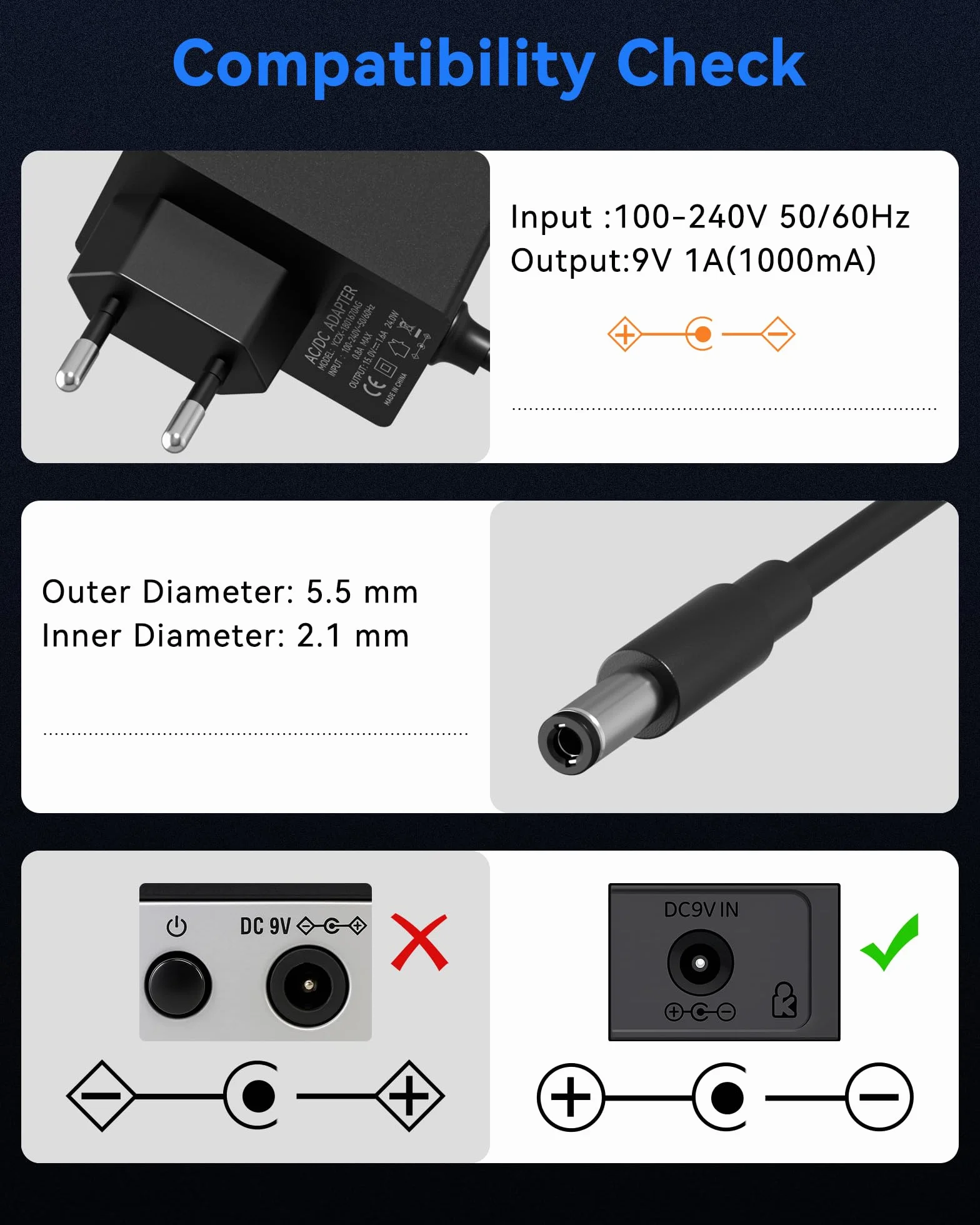9V Netzteil für Gitarren Pedale, 1A DC Power Adapter mit 5-Wege Daisy Chain Kabel, Center Negative, für Boss, Behringer, DigiTech, Zoom, Casio Keyboards und anderen 9V Effektpedalen, 100-240V AC