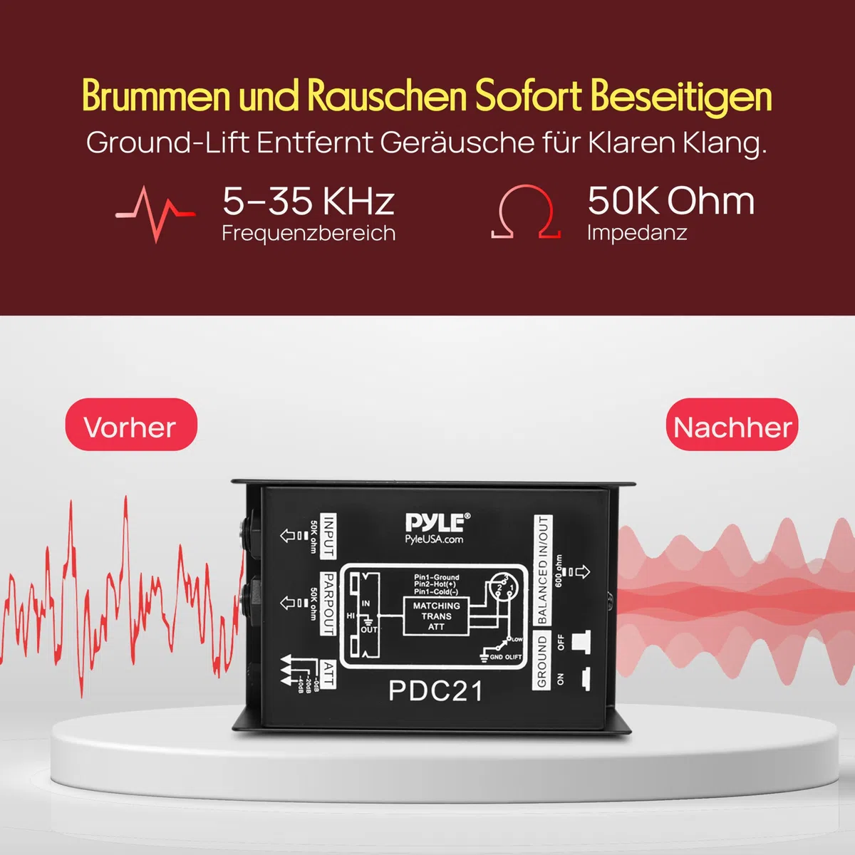 Pyle Passive DI Box mit Ground Lift, Direct Injection Box Gitarre, Bass & Keyboard, 6,3 mm Klinke, Störungsfreie Signalübertragung, Brumm-Unterdrückung, Robustes Metallgehäuse für Bühne & Studio
