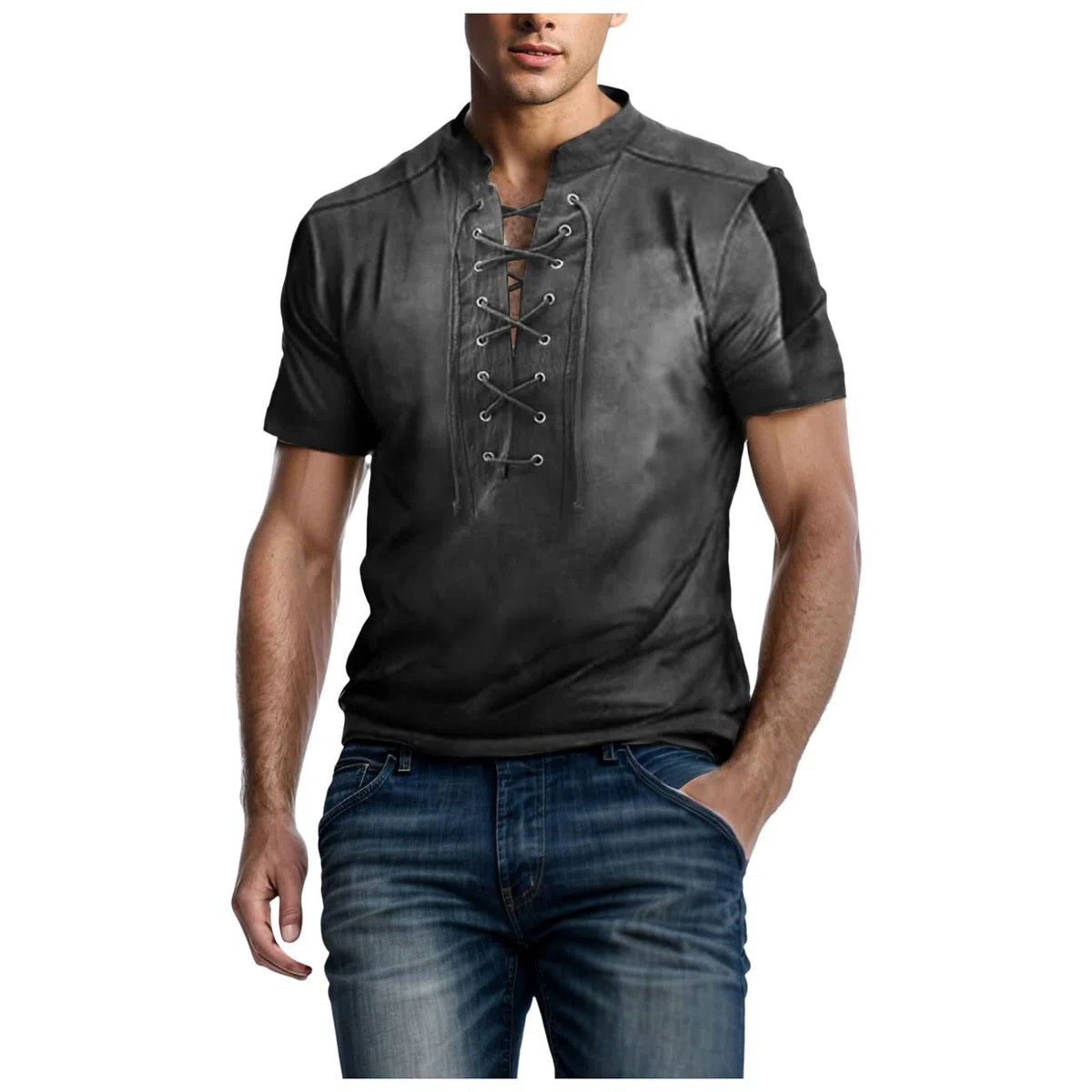 Herren Kurzarm Henley Shirt Männer Freizeithemd Vintage Casual Leicht T-Shirt mit Schnürung Beiläufig T Shirts Vintage Henley Pirate Shirt Männer Sommer Strandhemd