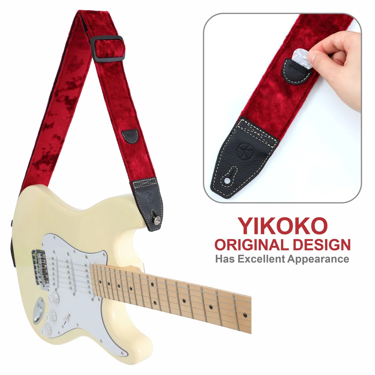 YIKOKO Gitarrengurt 2 Zoll Samtgitarrengurte mit Vollnarbenlederende, für Bass-, Elektro- und Akustikgitarren, kostenloser Gurtknopf, 2 Gurtschlösser und 4 Gitarrenplektren
