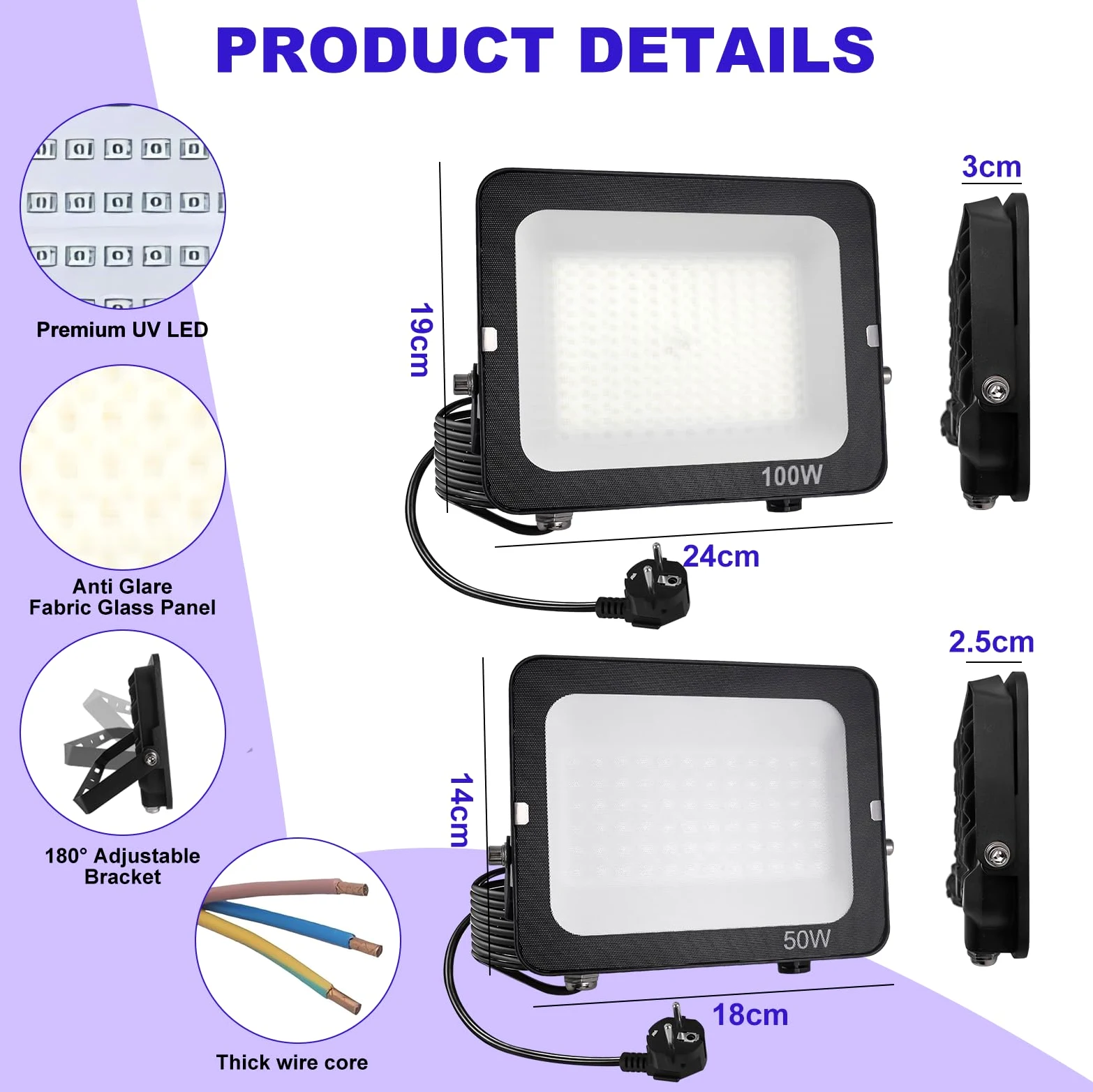 LED Schwarzlicht Strahler 50W,Fosingut UV Strahler Schwarzlichtlampe mit Stecker,IP65 Wasserdicht UV Fluter,395-400nm Partylicht Scheinwerfer für Körpermalerei,Neon/Glow Party,Halloween,Bühnen,Disco