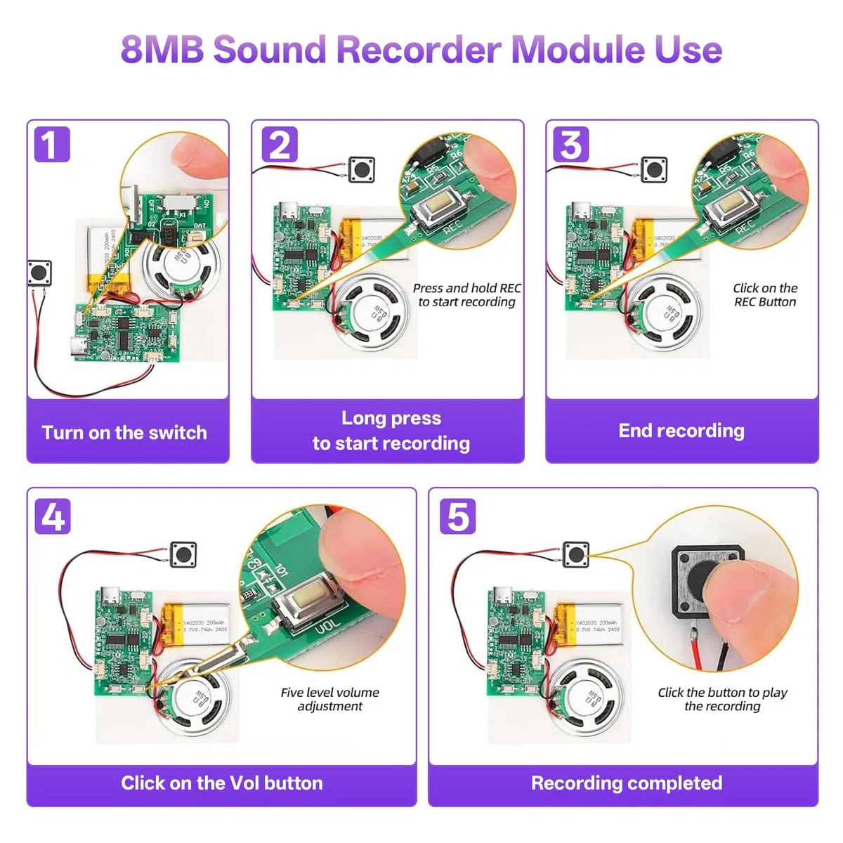 Soundmodul Bespielbar Ulegqin MP3 Sound Modul USB-Audio-Download Recorder Modul mit Lautsprecher MP3 USB Kabel Aufladbarer Akku Lautsprecher für DIY Karten/Geschenke/Spielwaren (3 Stücke)