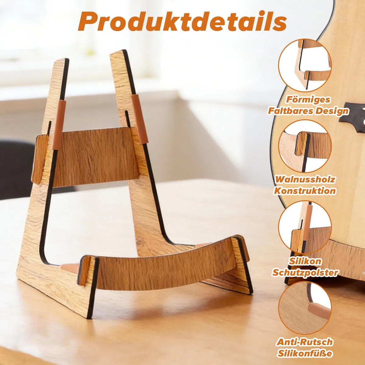 Gitarrenständer aus Holz | Klappbarer L-Form Gitarrenhalter für Akustik, E-Gitarre, Ukulele | Anti-Rutsch Silikon, Stabiler Bühnen- & Studio-Ständer | Für Zuhause, Auftritt, Musikraum (Walnuss)