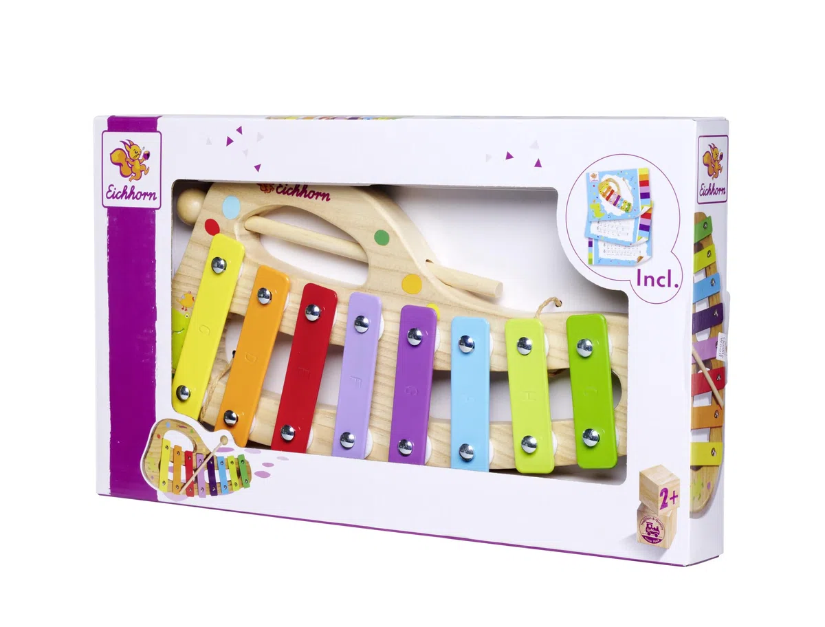 Eichhorn 100003482 Musik xylophon aus Holz Bunte Tonleiter mit 8 Tönen, inkl. 1 Klöppel und Liederbuch mit fünf Liedern zum nachspielen, 3 teilig, 30 x 15 cm groß, ab Zwei Jahren