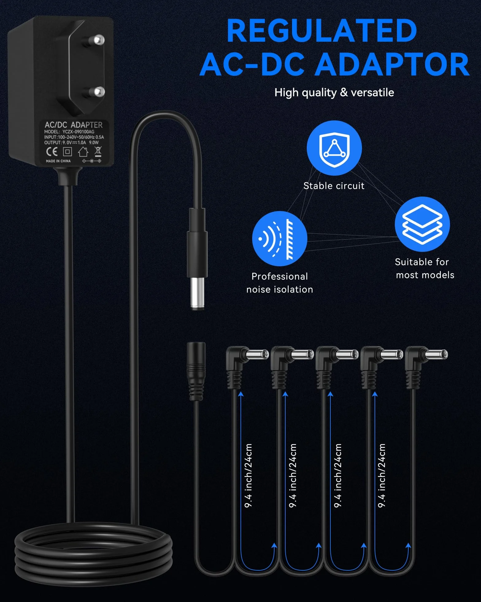 9V Netzteil für Gitarren Pedale, 1A DC Power Adapter mit 5-Wege Daisy Chain Kabel, Center Negative, für Boss, Behringer, DigiTech, Zoom, Casio Keyboards und anderen 9V Effektpedalen, 100-240V AC