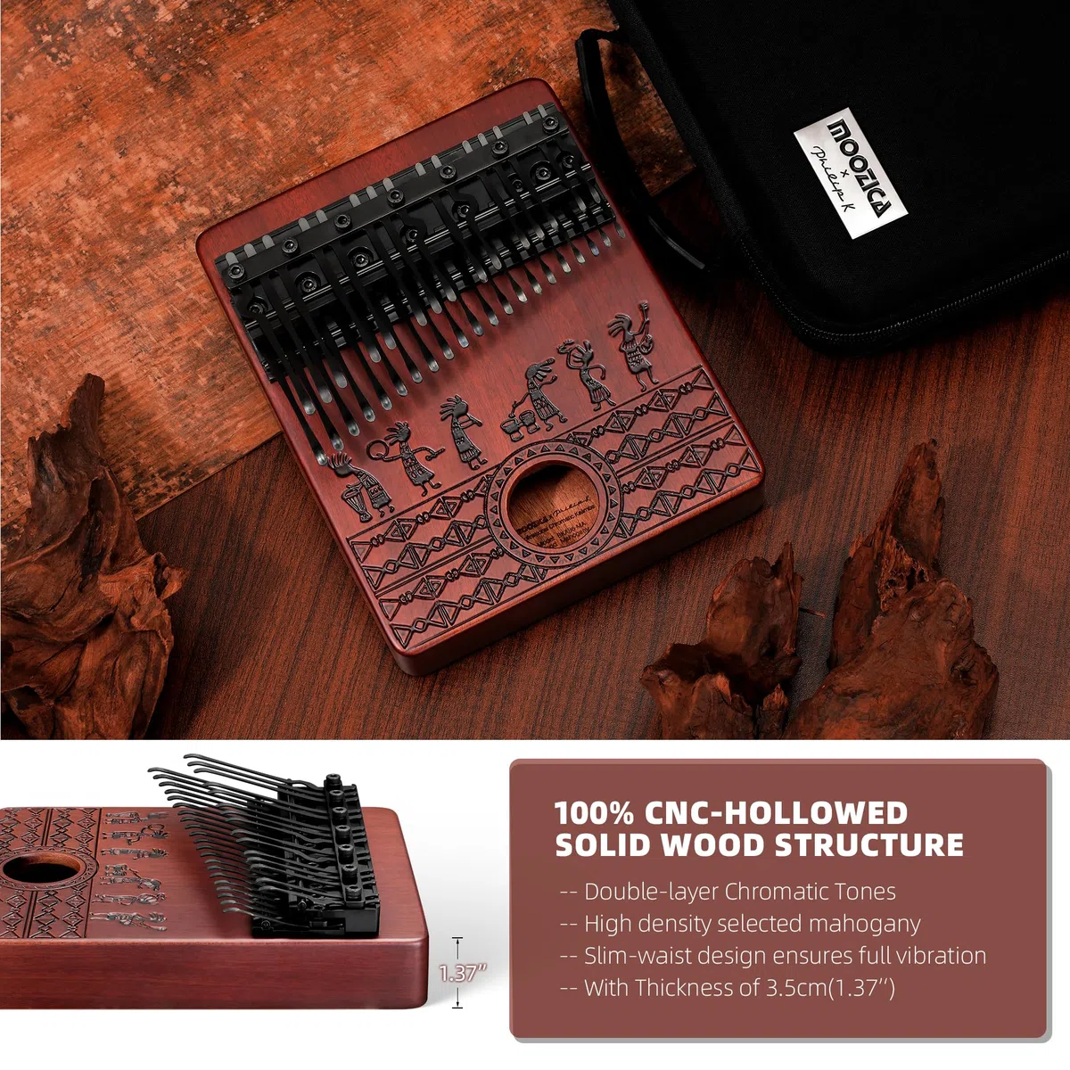 MOOZICA 36 Tasten Chromatisch Kalimba, Double-Layer Klavier Layout 36 Zinken Kalimba Daumenklavier, professionelles Kalimba aus massivem Mahagoni (BKA36-Neu)