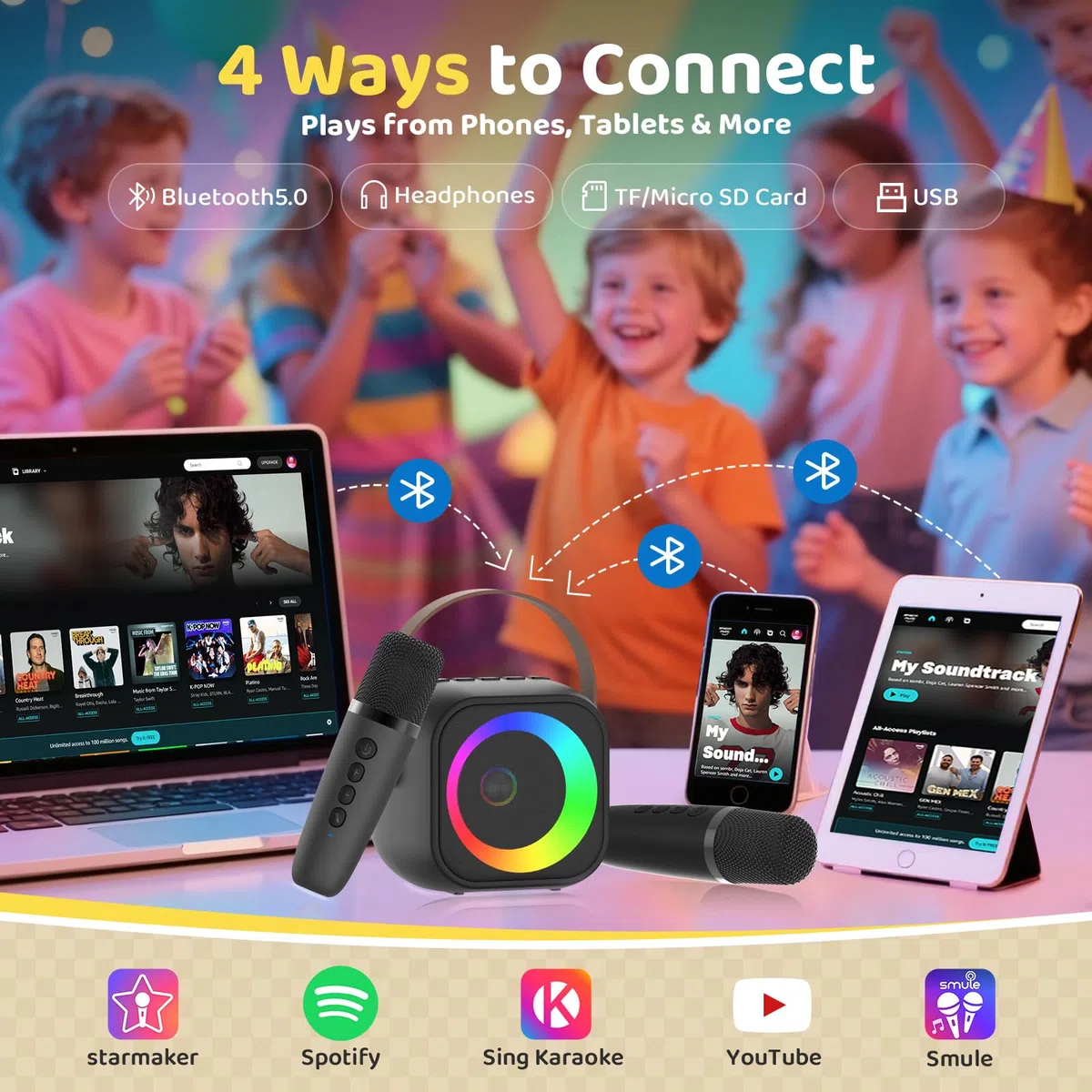 Karaoke Maschine mit 2 Karaoke Mikrofon, Tragbaren Bluetooth Lautsprecher für Erwachsene/Kinder, Geschenk Spielzeug Junge 3-15 Jahre, Mini Karaoke Maschine mit Disco Licht, Ideal für Party