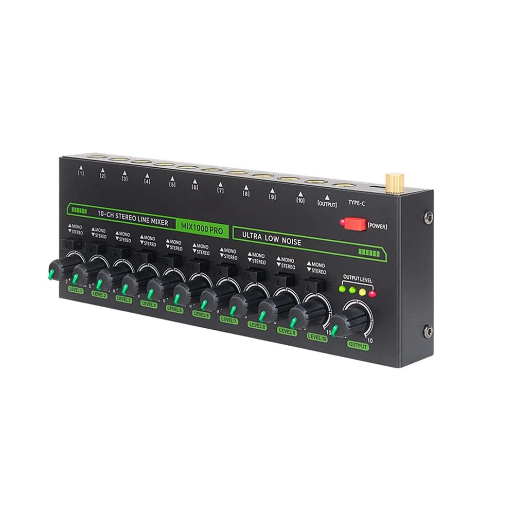 Professioneller Audio Mixer 10-Kanal-Stereomixer mit RGB-Licht & Extrem Geringem Rauschen DC5V Einfache Bedienung EU-STECKER