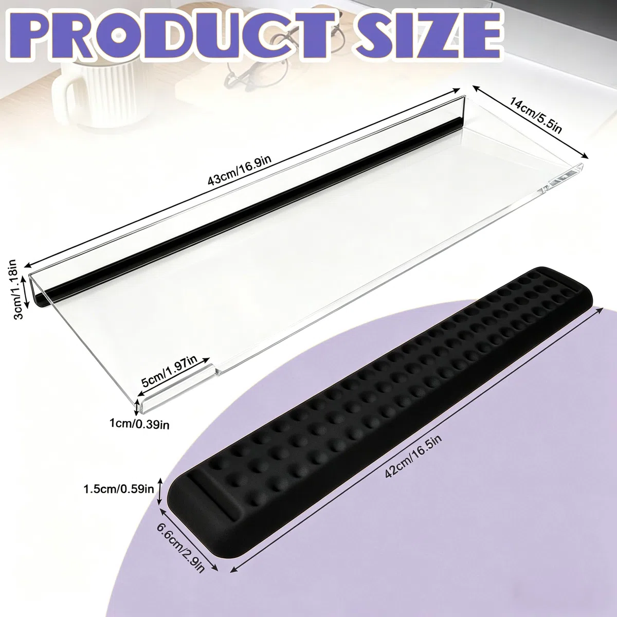 1 Tastaturablage mit 1 Handballenauflage, 43 x 14.5 cm Computer-Tastaturständer Acryl-Tastaturhalter Geneigter Tastaturablagehalter Ergonomischer Tastaturerhöhung für Schreibtisch,Büro,Hause
