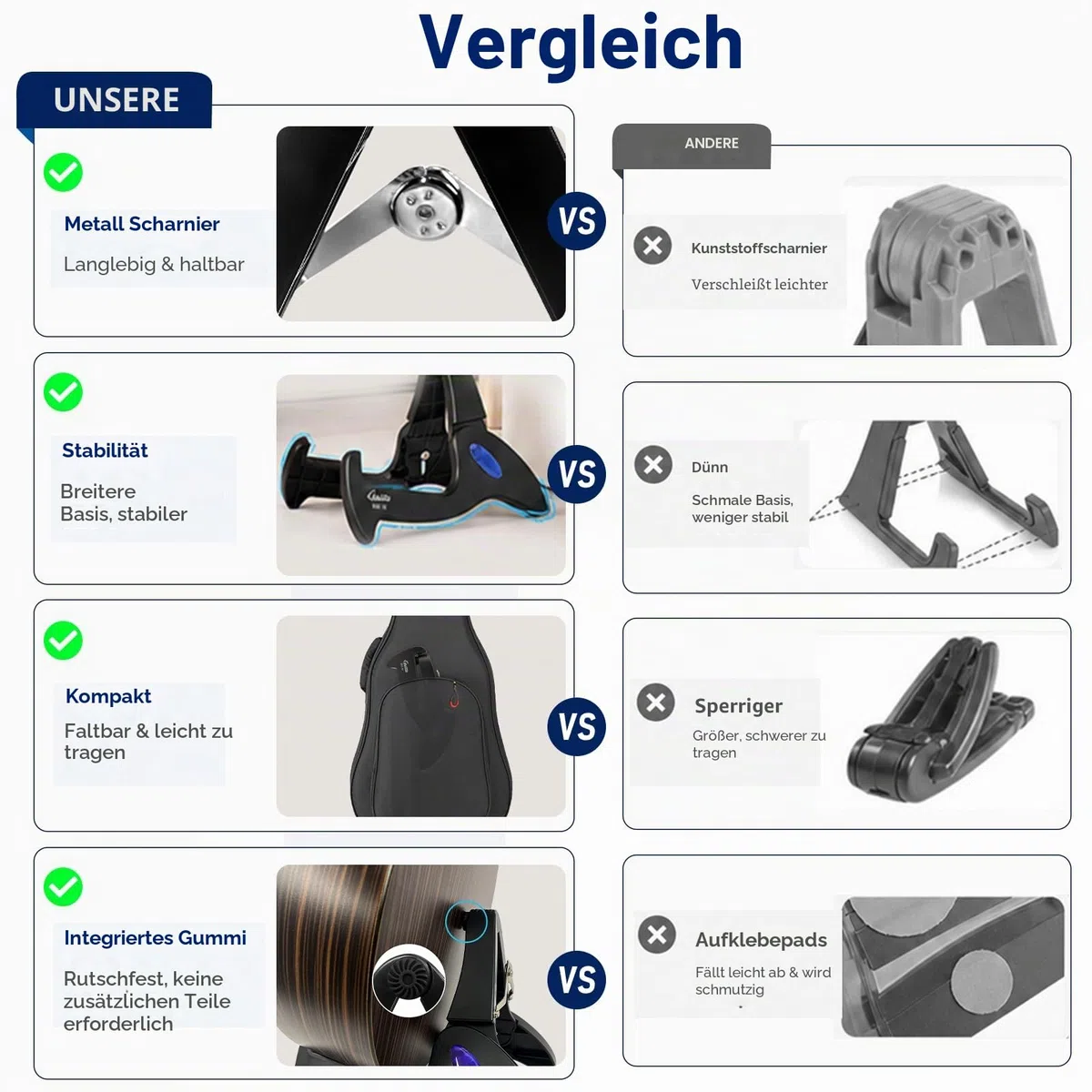 GUITTO Gitarrenständer Stativ Verstellbarer klassischer A-Frame Ständer Universal für Akustik- und Bass-Elektrogitarren Klappbarer Boden-Reiseständer Kleiner Einzelhalter (GGS-01)