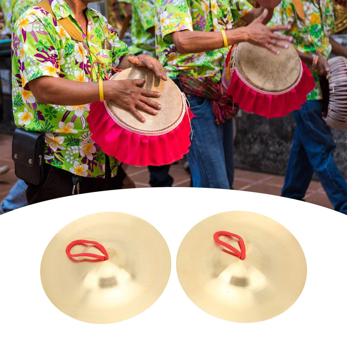 1 Pair Hand Cymbals, 14.7cm/5.79in Mini Marching Cymbals Each with Red Lanyard, Brass Percussion Instrument for Performance Party Beginner Players