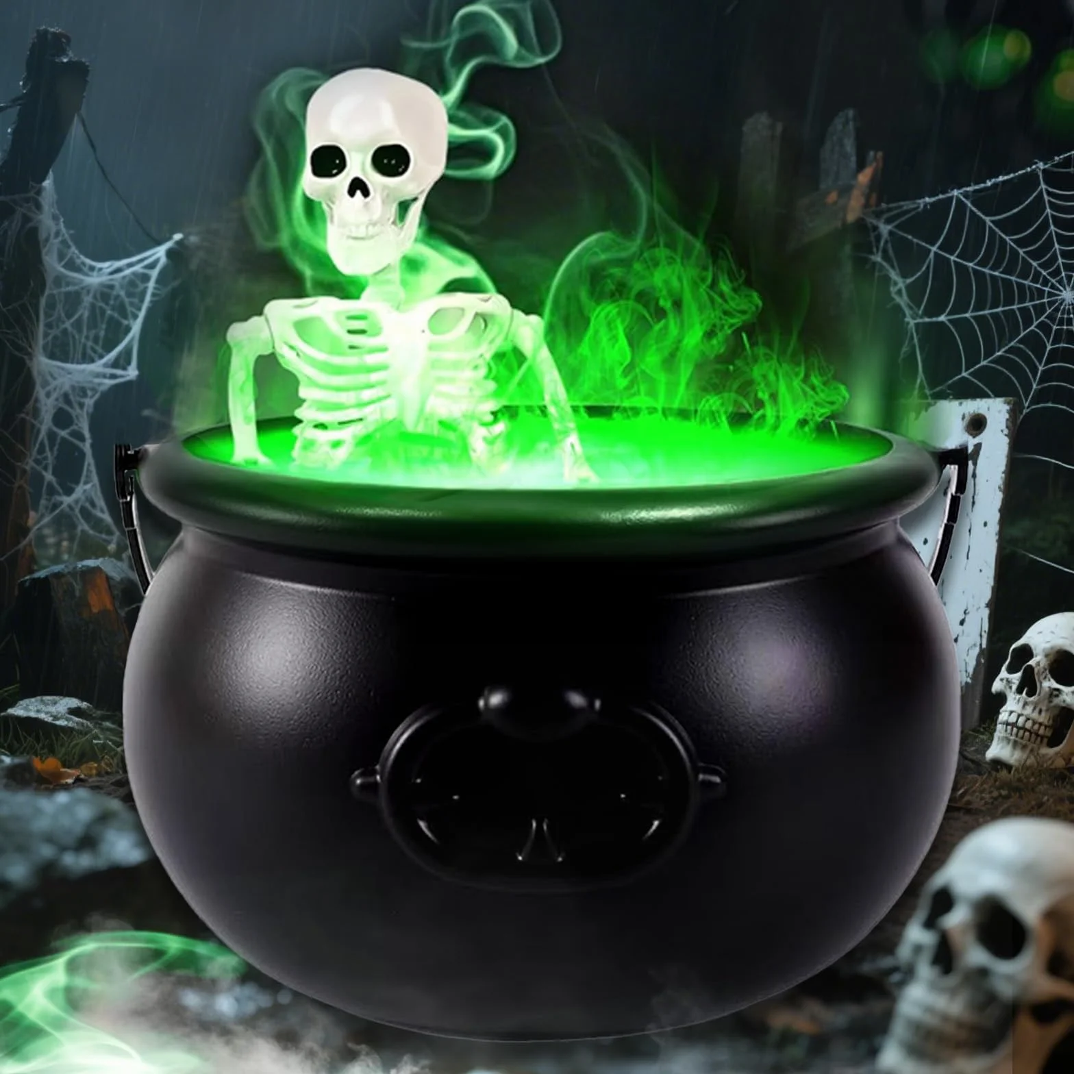 KEELYY Halloween Deko Hexenkessel mit Skelett, LED-Lichtern und Nebelmacher, Hexentopf mit Nebel Diffusor, Großer Schwarzer Witches Cauldron, Outdoor Dekokessel für Halloween Party Dekoration
