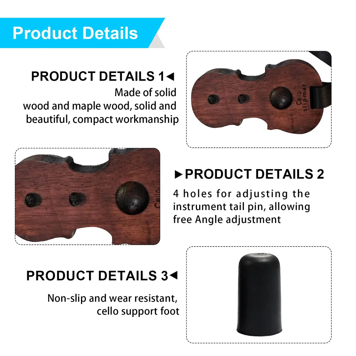 Cello Anti Rutsch Riemen, Holz Cello Rutsch Stopper mit 2 Anti Kappe, mit verstellbarem Nylongurt und 3 Löchern für Musikinstrument