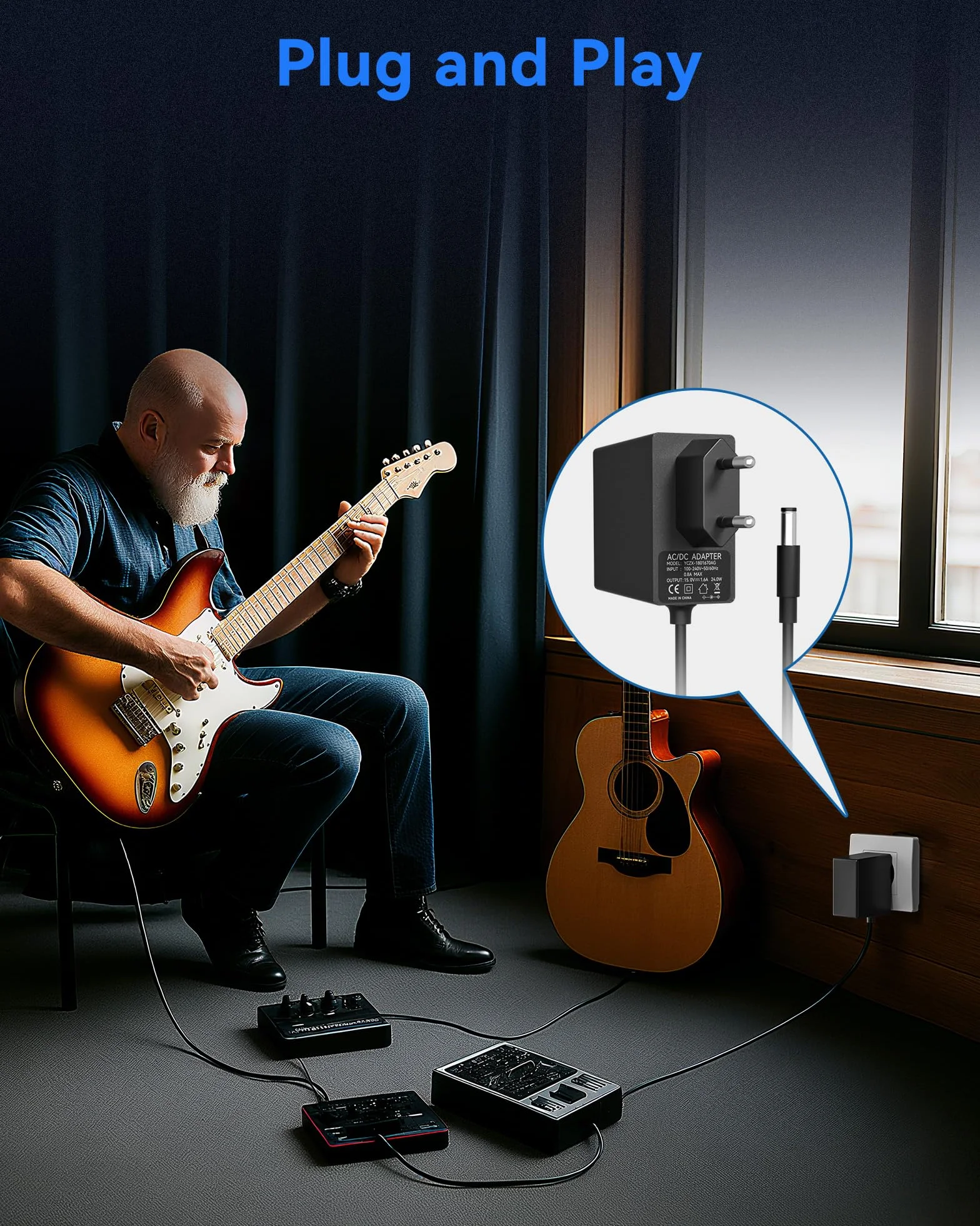 9V Netzteil für Gitarren Pedale, 1A DC Power Adapter mit 5-Wege Daisy Chain Kabel, Center Negative, für Boss, Behringer, DigiTech, Zoom, Casio Keyboards und anderen 9V Effektpedalen, 100-240V AC