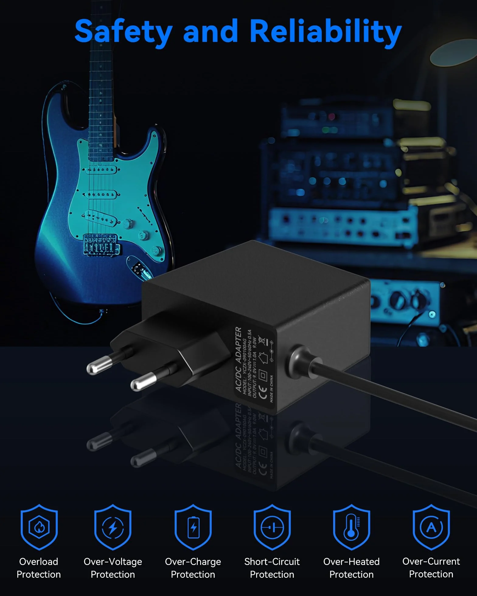 9V Netzteil für Gitarren Pedale, 1A DC Power Adapter mit 5-Wege Daisy Chain Kabel, Center Negative, für Boss, Behringer, DigiTech, Zoom, Casio Keyboards und anderen 9V Effektpedalen, 100-240V AC
