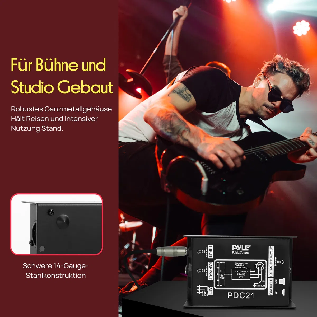 Pyle Passive DI Box mit Ground Lift, Direct Injection Box Gitarre, Bass & Keyboard, 6,3 mm Klinke, Störungsfreie Signalübertragung, Brumm-Unterdrückung, Robustes Metallgehäuse für Bühne & Studio