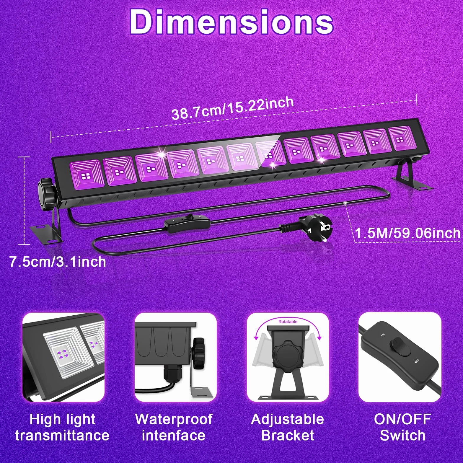 CREATESTAR LED Schwarzlicht Strahler 45W, UV Bar Schwarzlichter LED Schwarzlichtlampe mit Stecker, IP66 Wasserdichtes Schwarzlicht für Party, Fluoreszierende Effekte, Halloween Dekorationen,Bühne