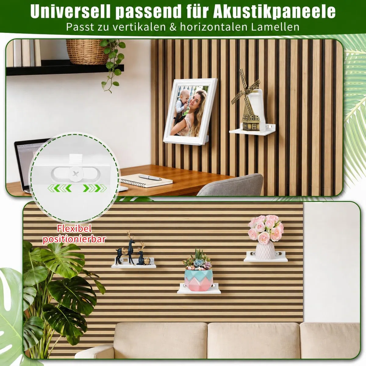 Regal für Akustikpaneele - 2er Set Zubehör Akustikpaneele Ohne Bohren für Vertikale Horizontale Paneele Platzsparendes Wandregal Weiß für Wohnzimmer, Schlafzimmer, Büro, Küche