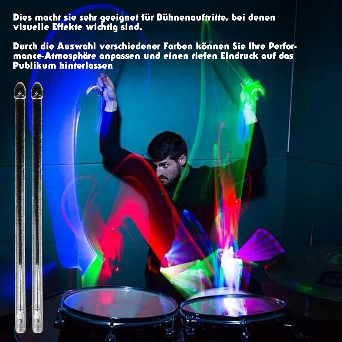5A Drumsticks LED Leucht Trommelstock Aufladbar, Cool Leuchtende Schlagzeug Sticks aus PC-Polymermaterial für Drum Set, Perfekt für Percussion und Musikinstrumente,15 Farben (1 Paar)