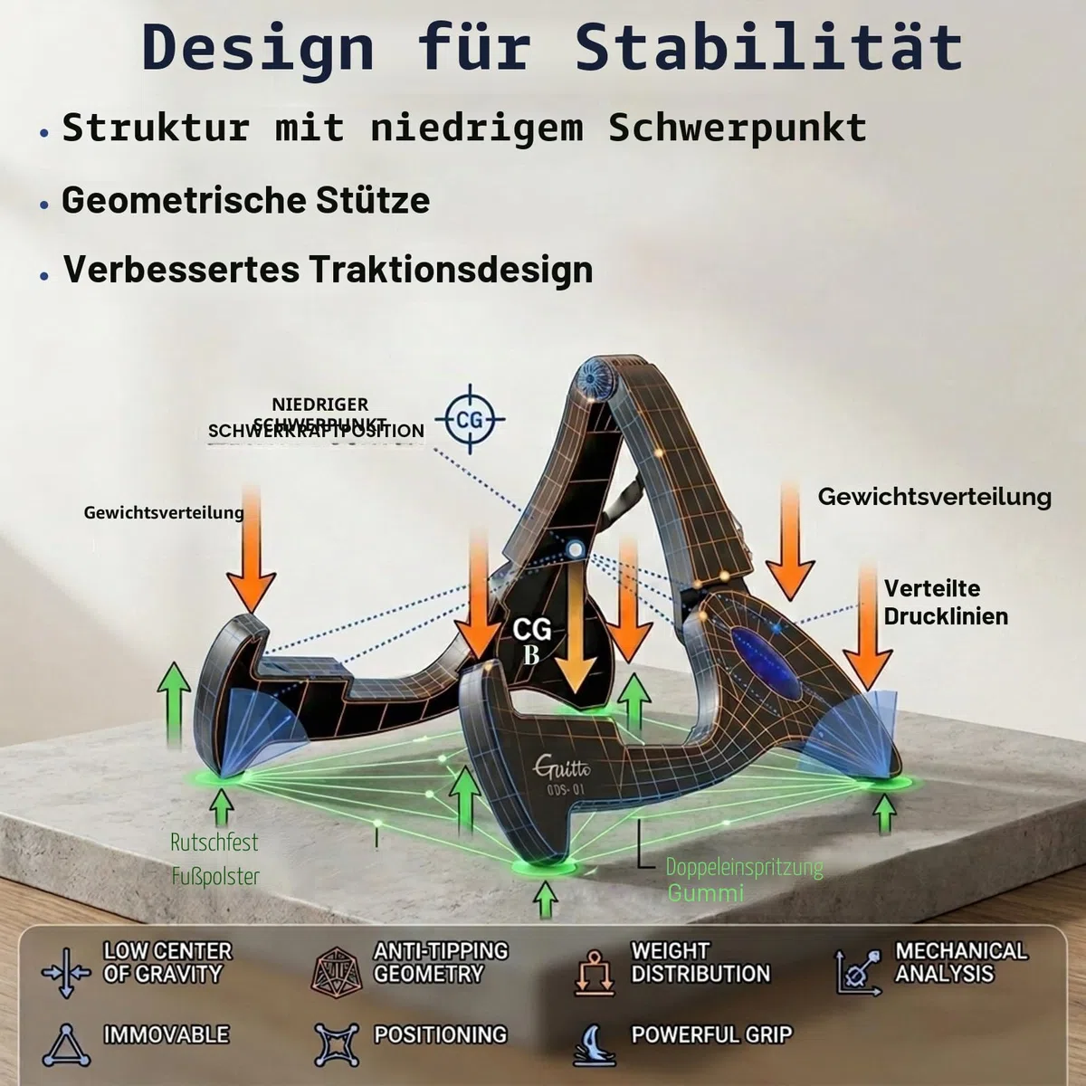 GUITTO Gitarrenständer Stativ Verstellbarer klassischer A-Frame Ständer Universal für Akustik- und Bass-Elektrogitarren Klappbarer Boden-Reiseständer Kleiner Einzelhalter (GGS-01)