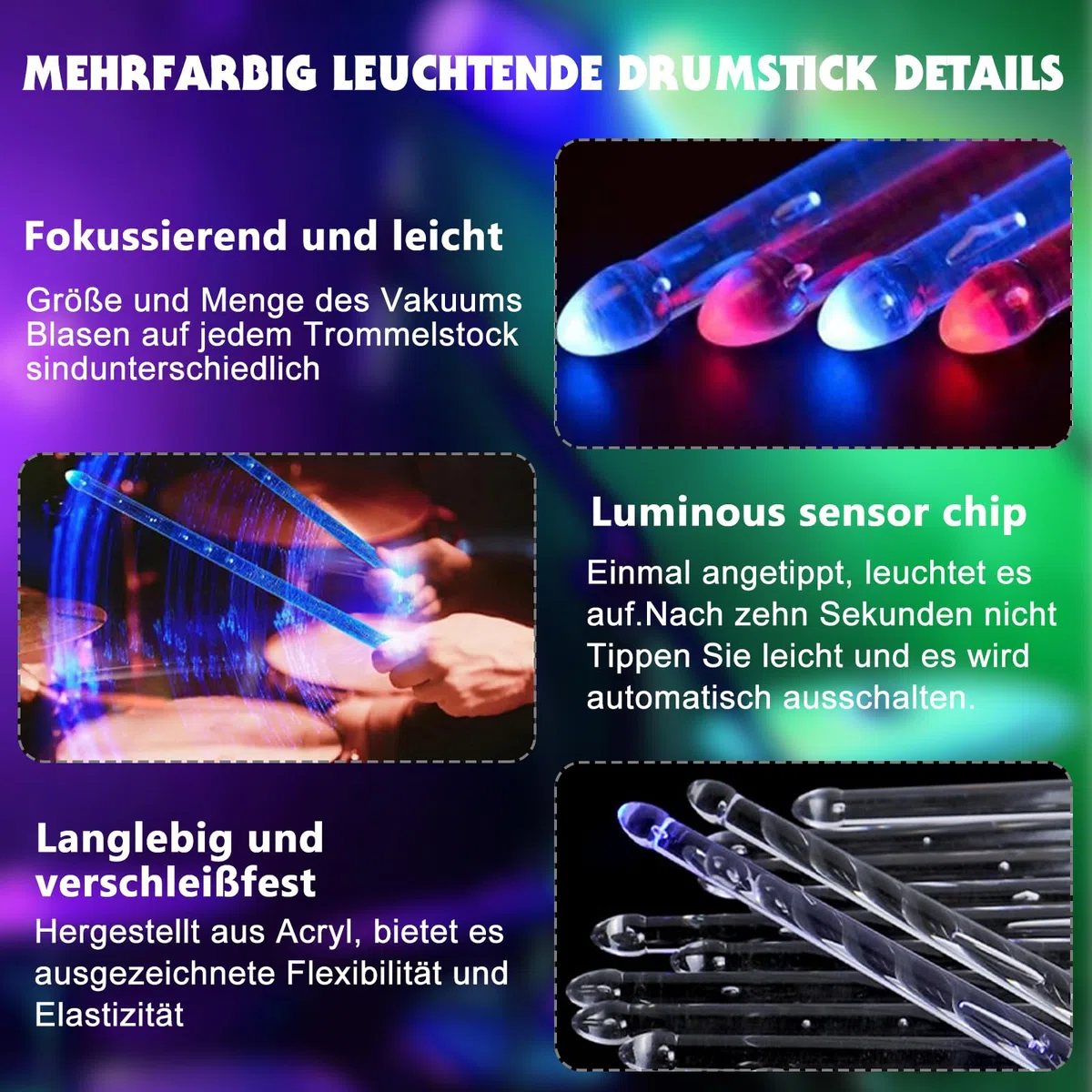 5A Drumsticks LED Leucht Trommelstock Aufladbar, Cool Leuchtende Schlagzeug Sticks aus PC-Polymermaterial für Drum Set, Perfekt für Percussion und Musikinstrumente,15 Farben (1 Paar)