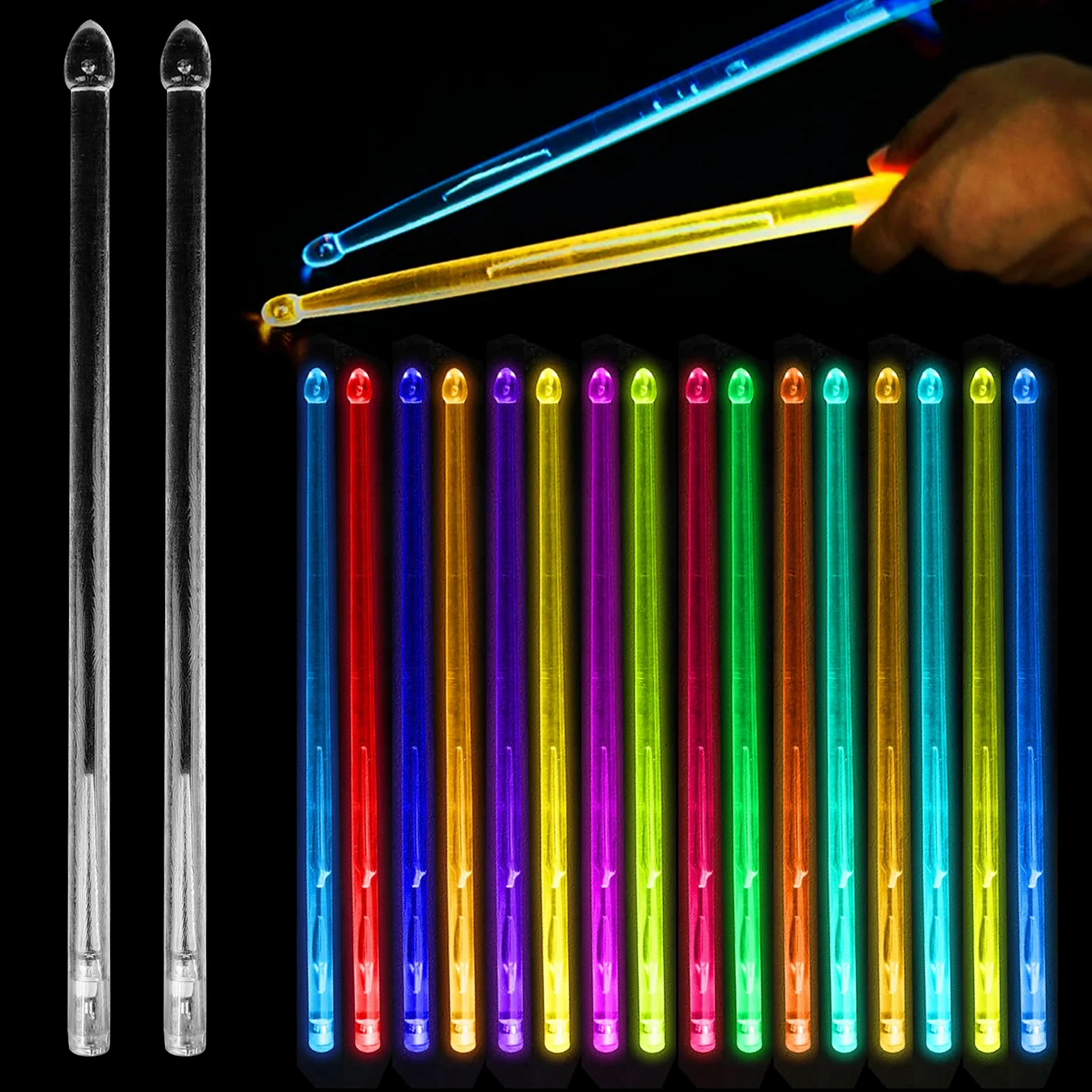 5A Drumsticks LED Leucht Trommelstock Aufladbar, Cool Leuchtende Schlagzeug Sticks aus PC-Polymermaterial für Drum Set, Perfekt für Percussion und Musikinstrumente,15 Farben (1 Paar)