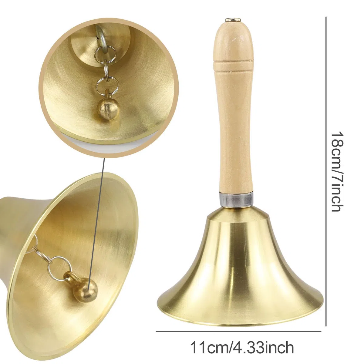 Goldene Handglocke Extra Laut Massiv mit Holzgriff, 11cm Groß Messing Rufglocke Schulhandglocken Meditationsschlitten Dekorative Schreibtischglocken für Schule, Kirche, Hotel, Weihnachten und