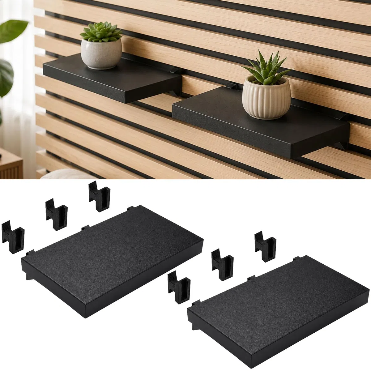 2 Stück Regal für Akustikpaneele,Akustikpaneele Zubehör Ohne Bohren,Schweberegal Schwarz,Schwarze Paneele Zubehör,Regal für Paneele für Pflanzen/Blumen und Deko Artikel