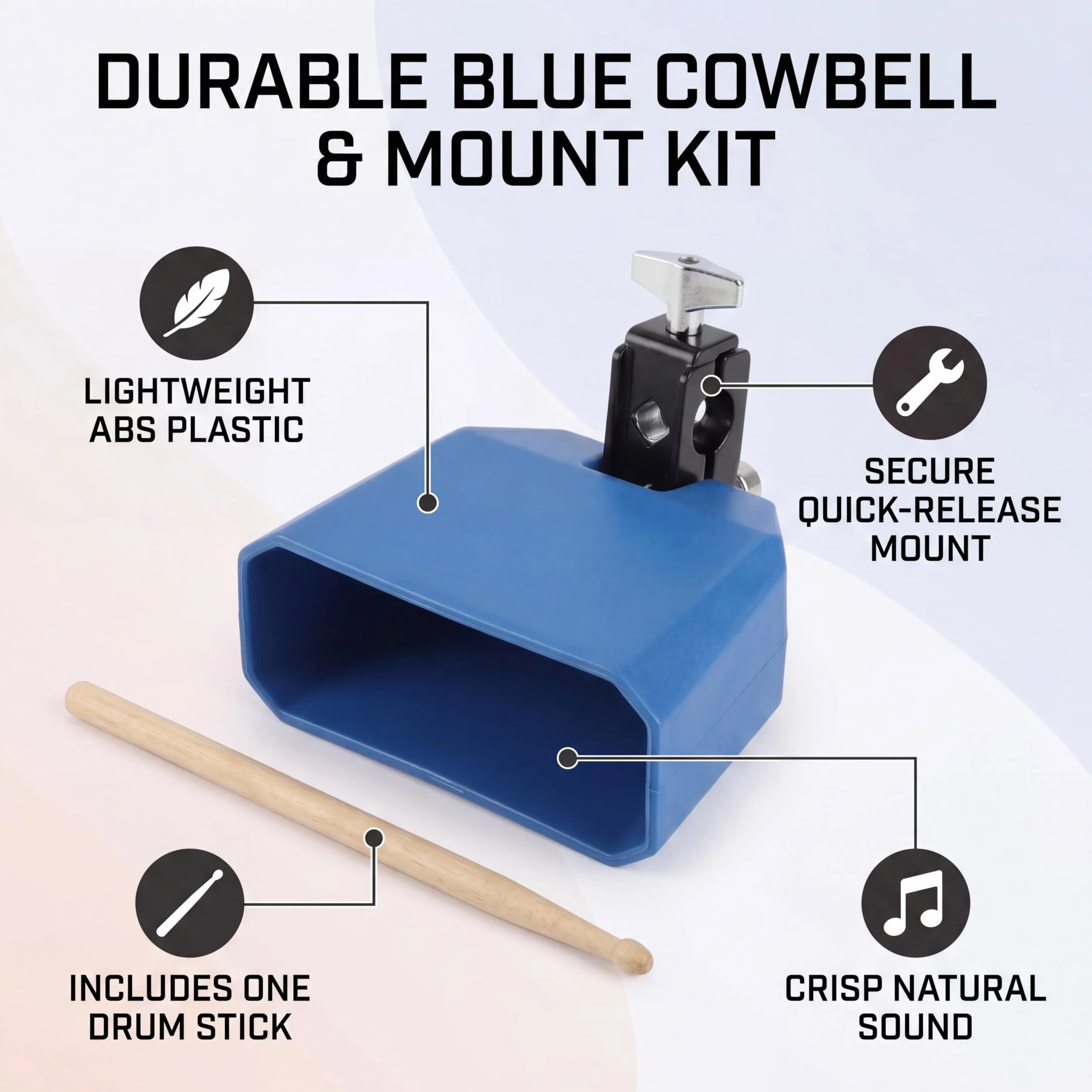 SEAFRONT Kuhglocke für Schlagzeug Verstellbare Halterung, Kunststoff Cowbell Rock mit Schraube für Schlagzeug Musikalischer Percussion Block, Latin Drum Instrument (Blau)