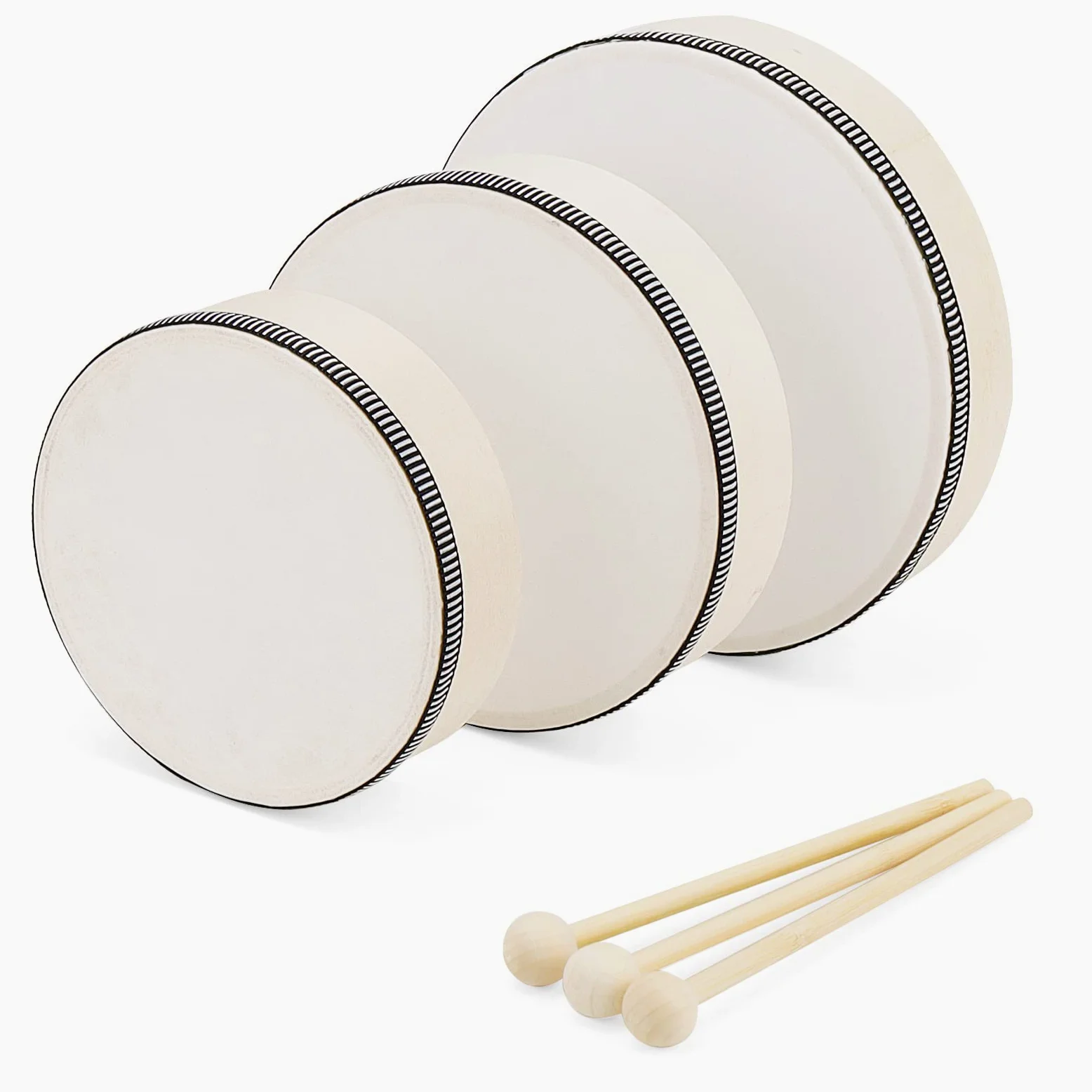 3-teilig Handtrommel Set, 15cm 17,5cm 20cm Holz Tamburin mit Schlägel, Tambourine Instrument Trommel für Musik, Percussion Instrument