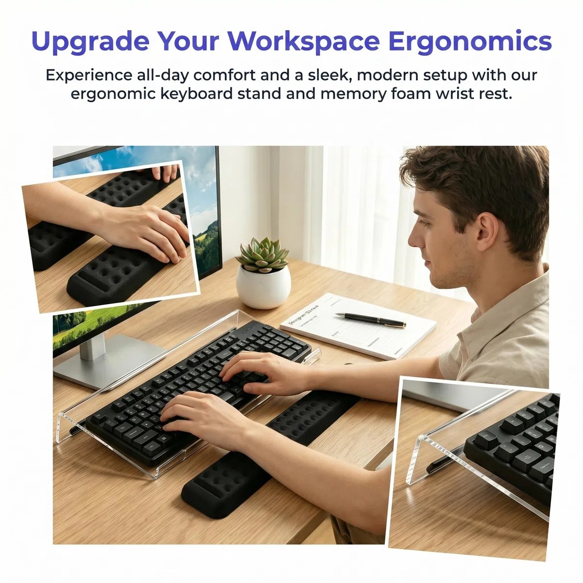 1 Tastaturablage mit 1 Handballenauflage, 43 x 14.5 cm Computer-Tastaturständer Acryl-Tastaturhalter Geneigter Tastaturablagehalter Ergonomischer Tastaturerhöhung für Schreibtisch,Büro,Hause