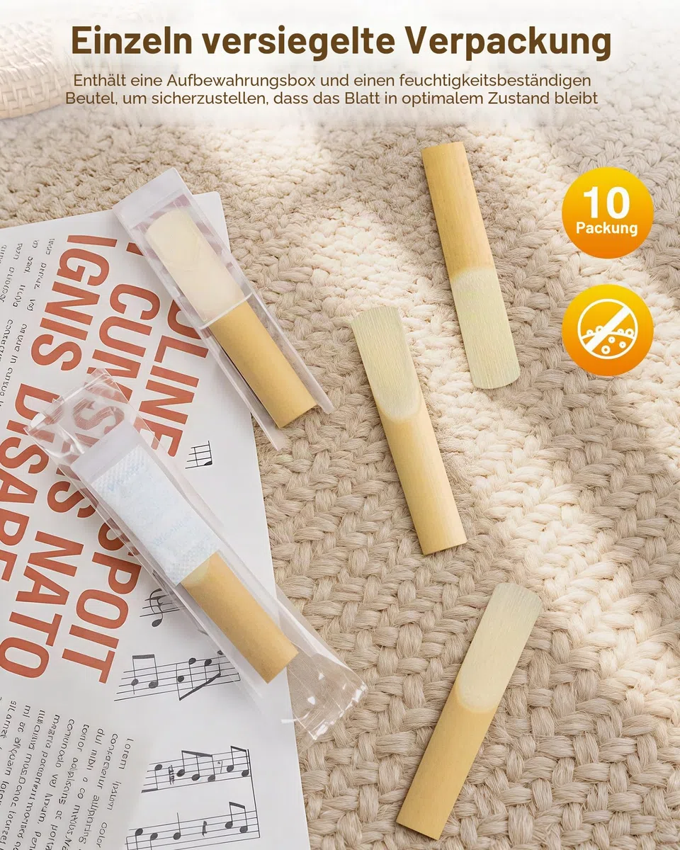 New Bee Bb Klarinettenblätter 10Pack Einzeln Verpackt mit Feuchtigkeitsschutzbeutel Blätteretui Blätter für Bb-Klarinette für Klarinettenanfänger, Pädagogen und Spieler (Stärke 2.5)