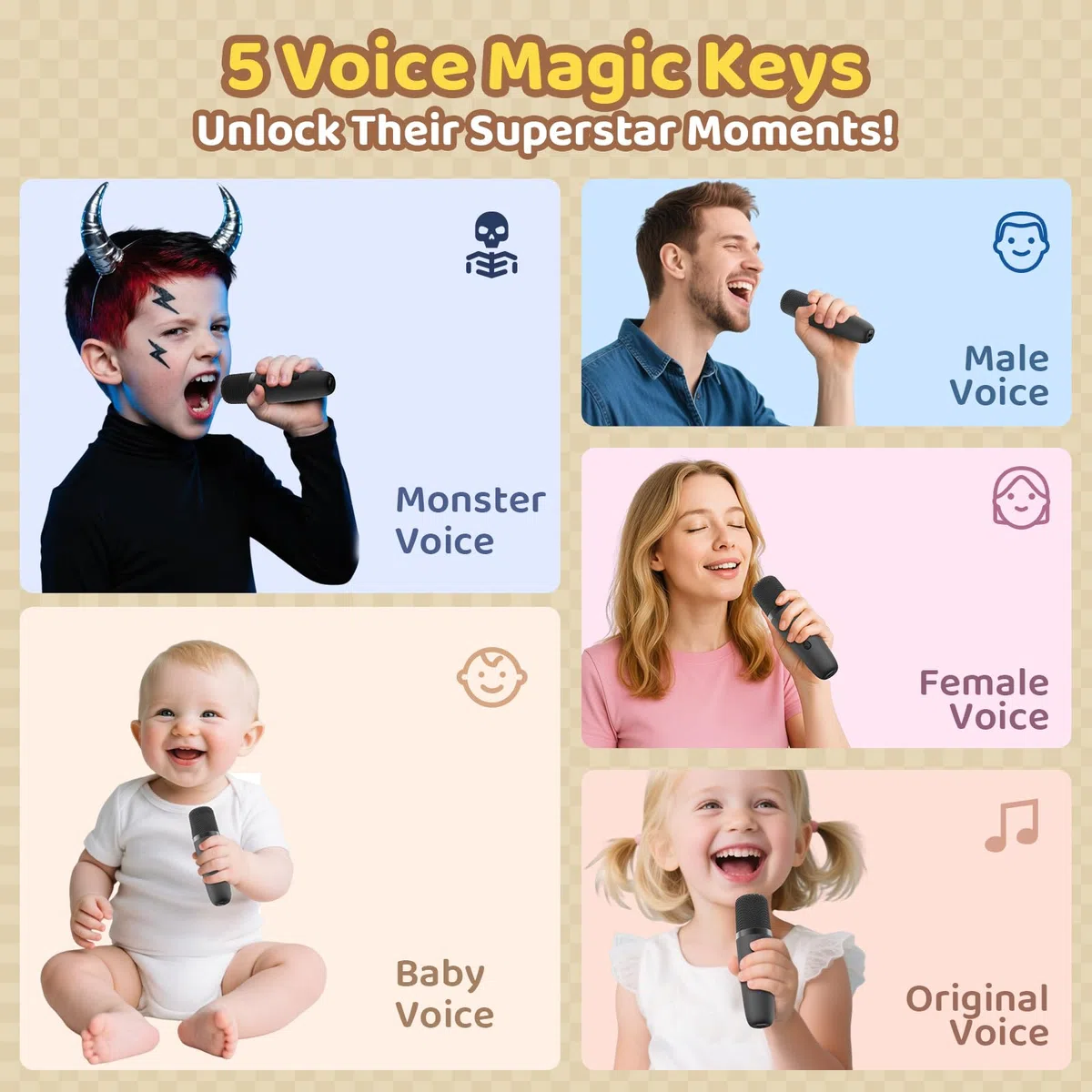 Karaoke Maschine mit 2 Karaoke Mikrofon, Tragbaren Bluetooth Lautsprecher für Erwachsene/Kinder, Geschenk Spielzeug Junge 3-15 Jahre, Mini Karaoke Maschine mit Disco Licht, Ideal für Party