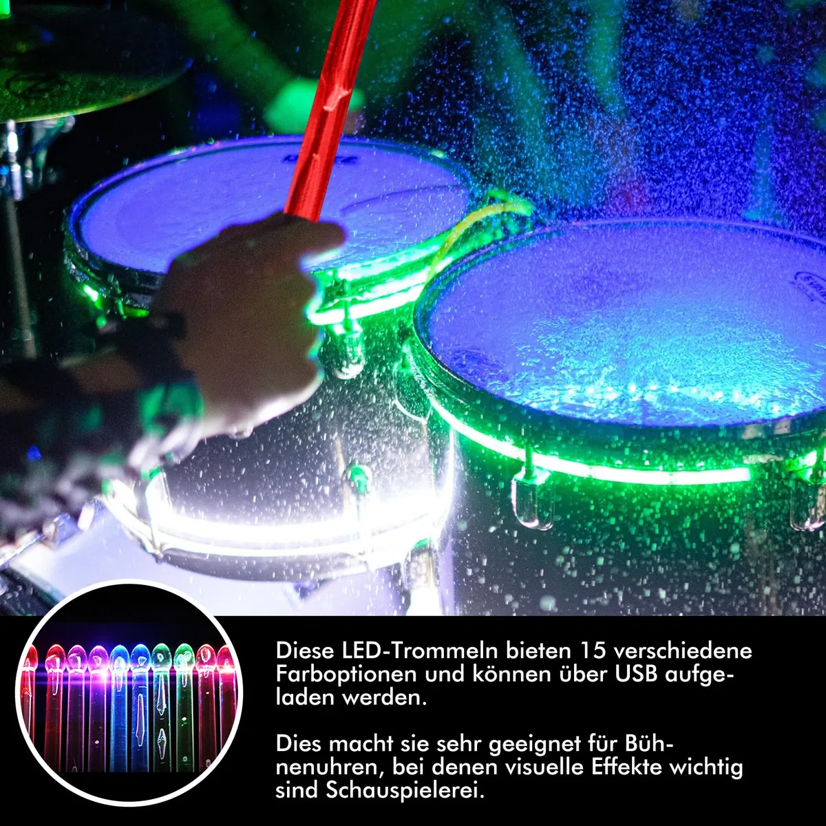 5A Drumsticks LED Leucht Trommelstock Aufladbar, Cool Leuchtende Schlagzeug Sticks aus PC-Polymermaterial für Drum Set, Perfekt für Percussion und Musikinstrumente,15 Farben (1 Paar)