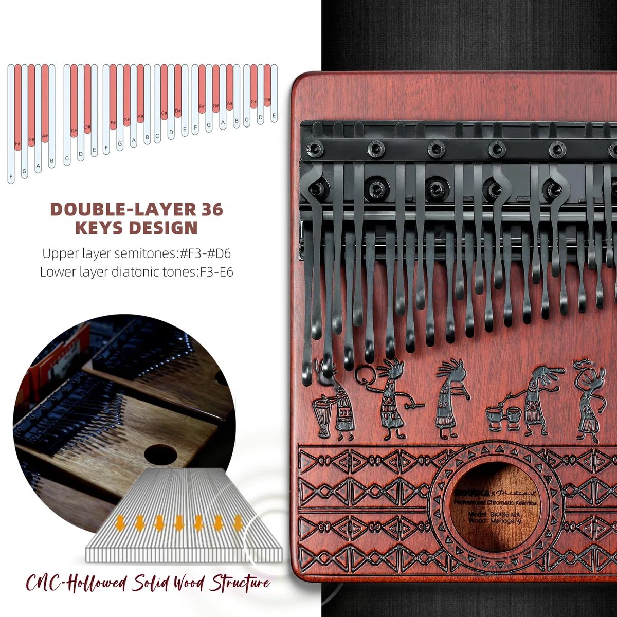 MOOZICA 36 Tasten Chromatisch Kalimba, Double-Layer Klavier Layout 36 Zinken Kalimba Daumenklavier, professionelles Kalimba aus massivem Mahagoni (BKA36-Neu)