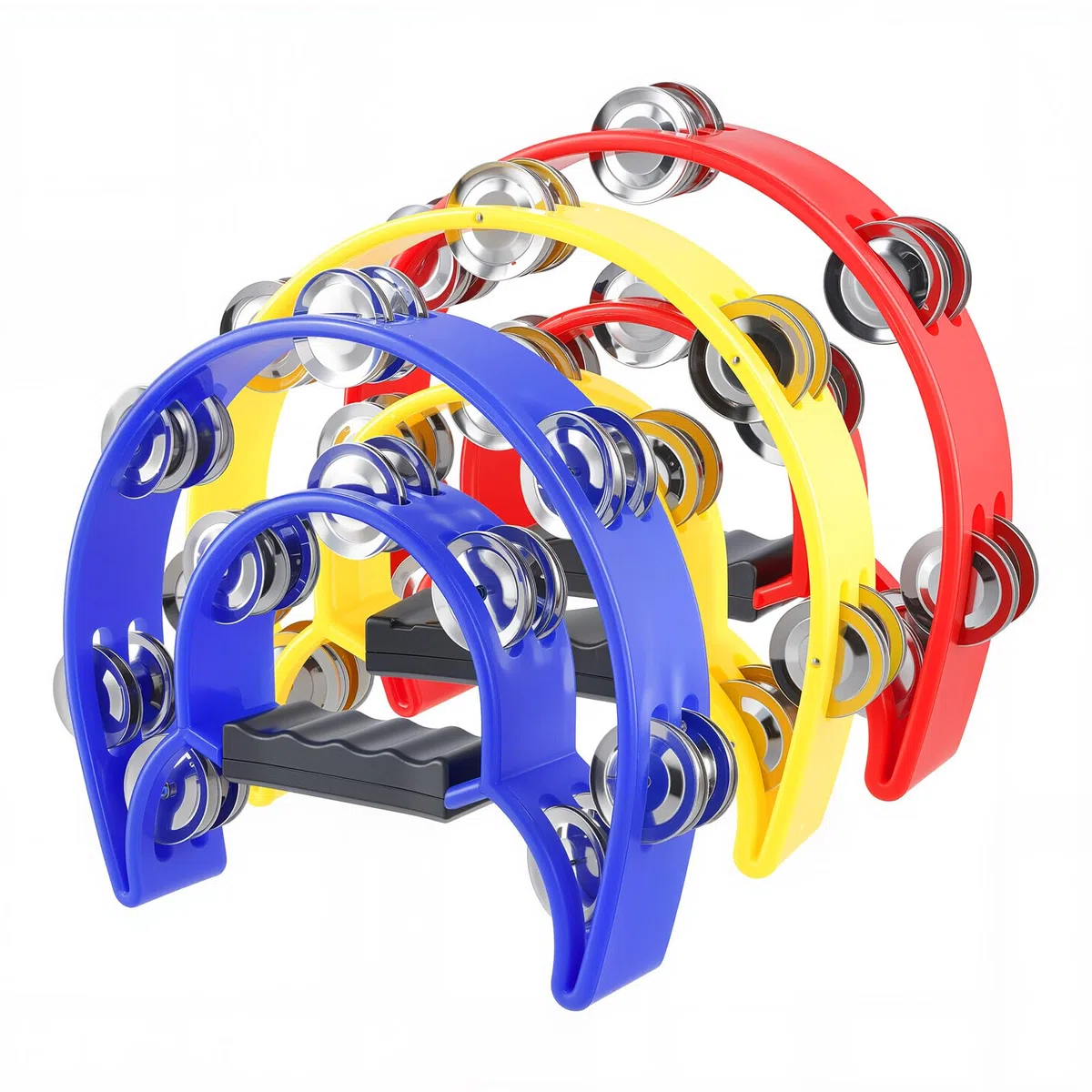 ZOENHOU Tamburin, 3 Stück Halbmond Form zweireihig Schellenring Schellenkranz, PP-Kunststoff Tambourine mit 20 Paar Metall Schellen, für Musiker, Bandproben, Party, KTV und Bar(Rot/Gelb/Blau)