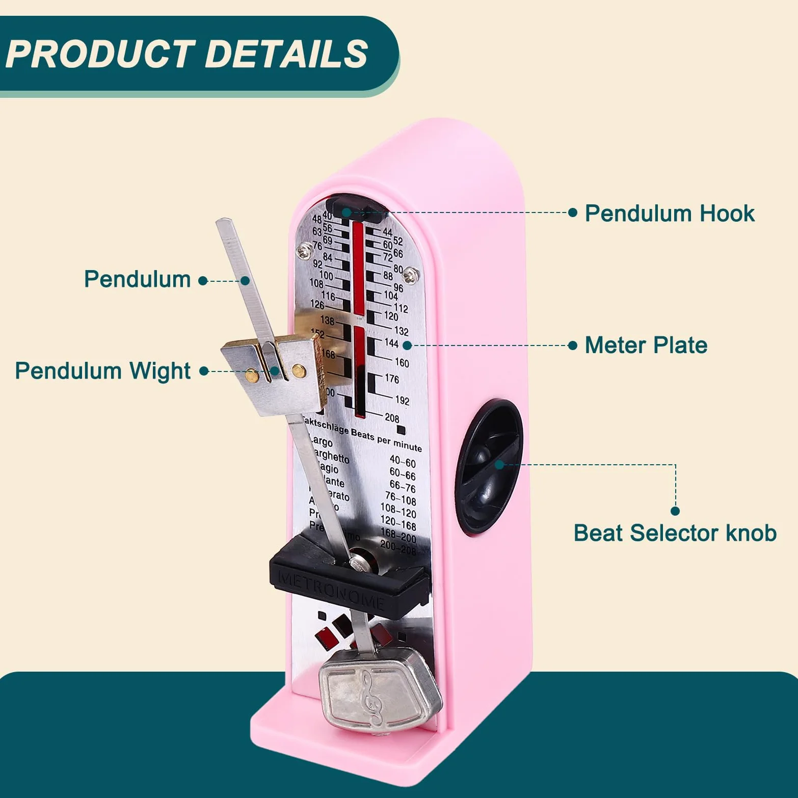QUARKZMAN Mini Mechanisches Metronom Hohe Genauigkeit Professioneller Musiktimer Universelles Metronom Für Piano Gitarre Violine Ukulele Spieler Pink