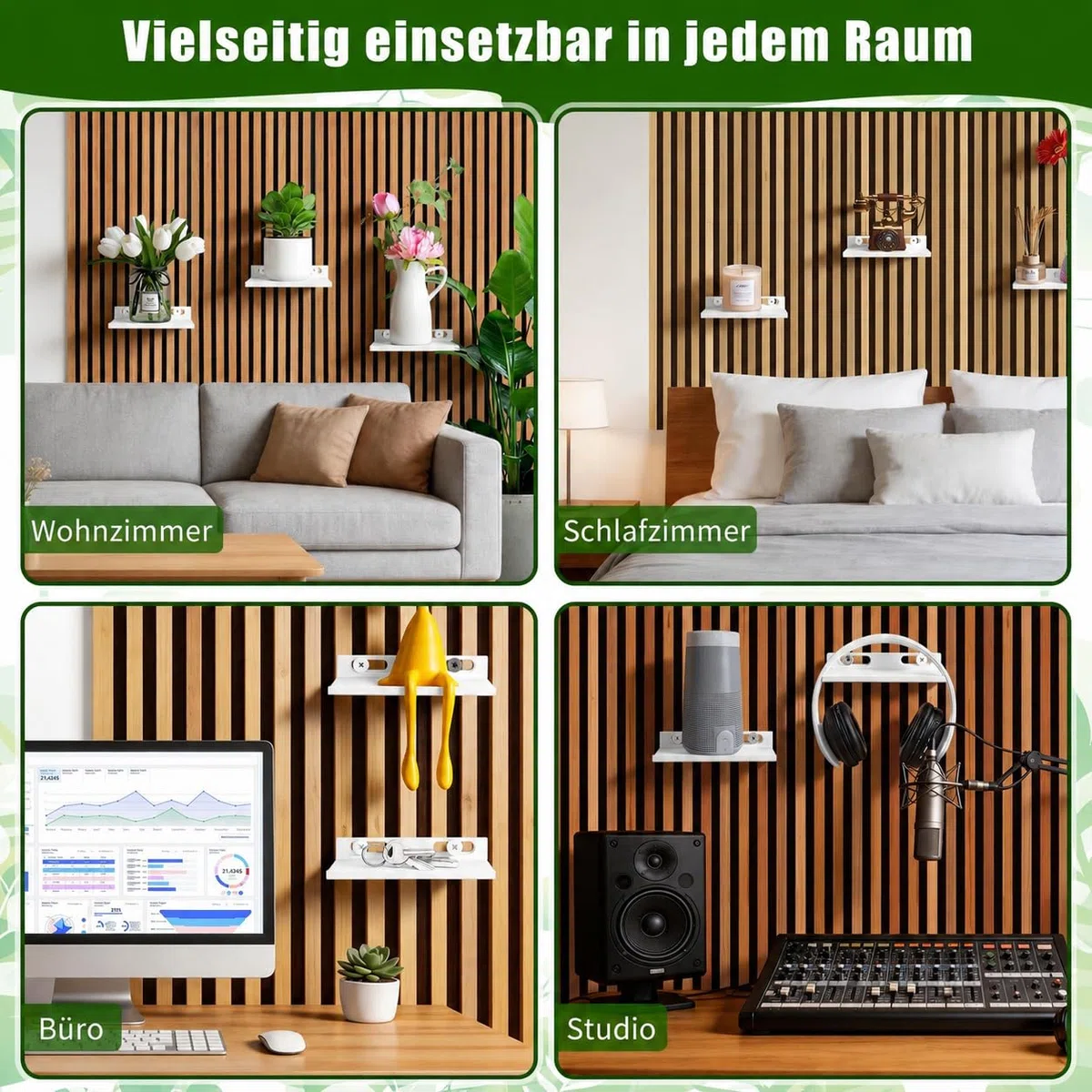 Regal für Akustikpaneele - 2er Set Zubehör Akustikpaneele Ohne Bohren für Vertikale Horizontale Paneele Platzsparendes Wandregal Weiß für Wohnzimmer, Schlafzimmer, Büro, Küche