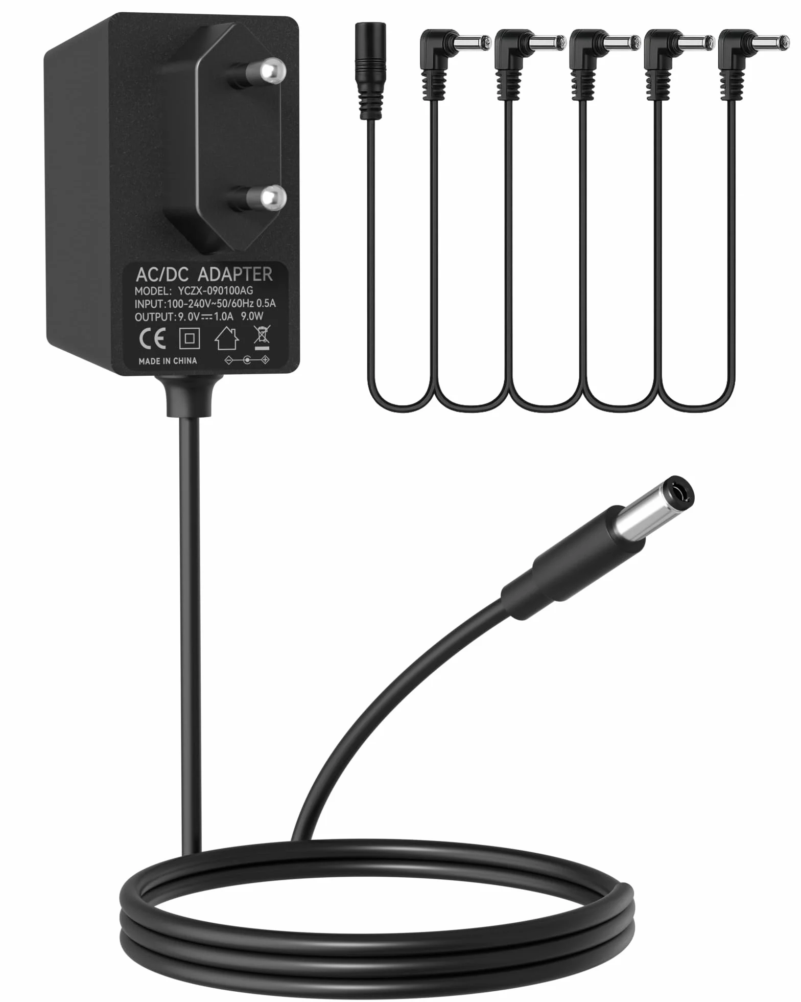9V Netzteil für Gitarren Pedale, 1A DC Power Adapter mit 5-Wege Daisy Chain Kabel, Center Negative, für Boss, Behringer, DigiTech, Zoom, Casio Keyboards und anderen 9V Effektpedalen, 100-240V AC