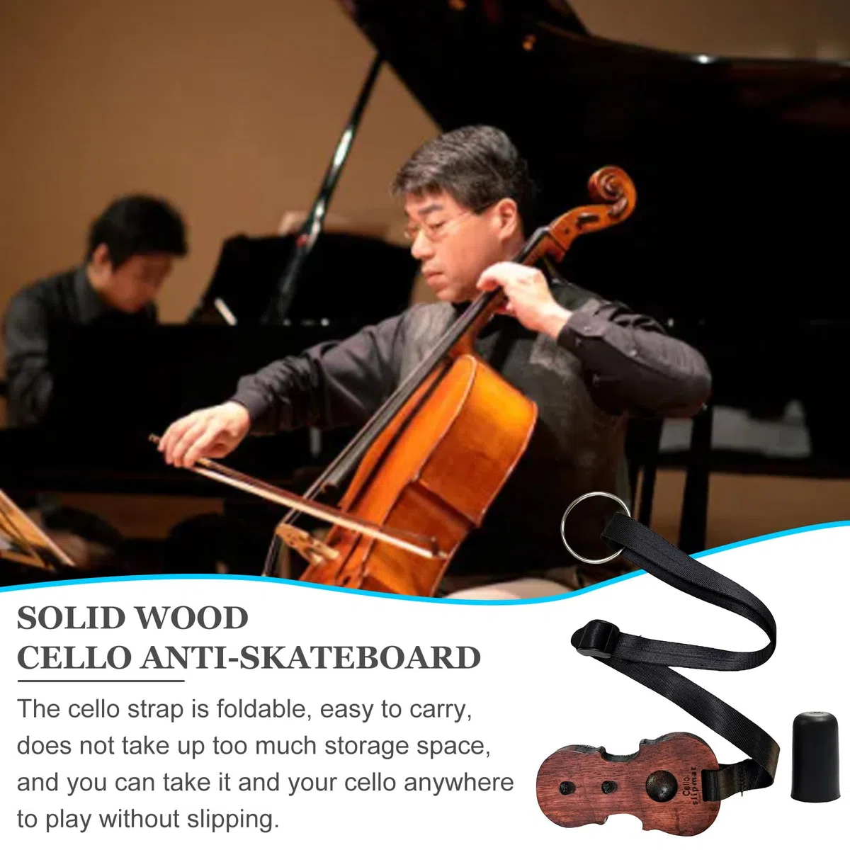Cello Anti Rutsch Riemen, Holz Cello Rutsch Stopper mit 2 Anti Kappe, mit verstellbarem Nylongurt und 3 Löchern für Musikinstrument