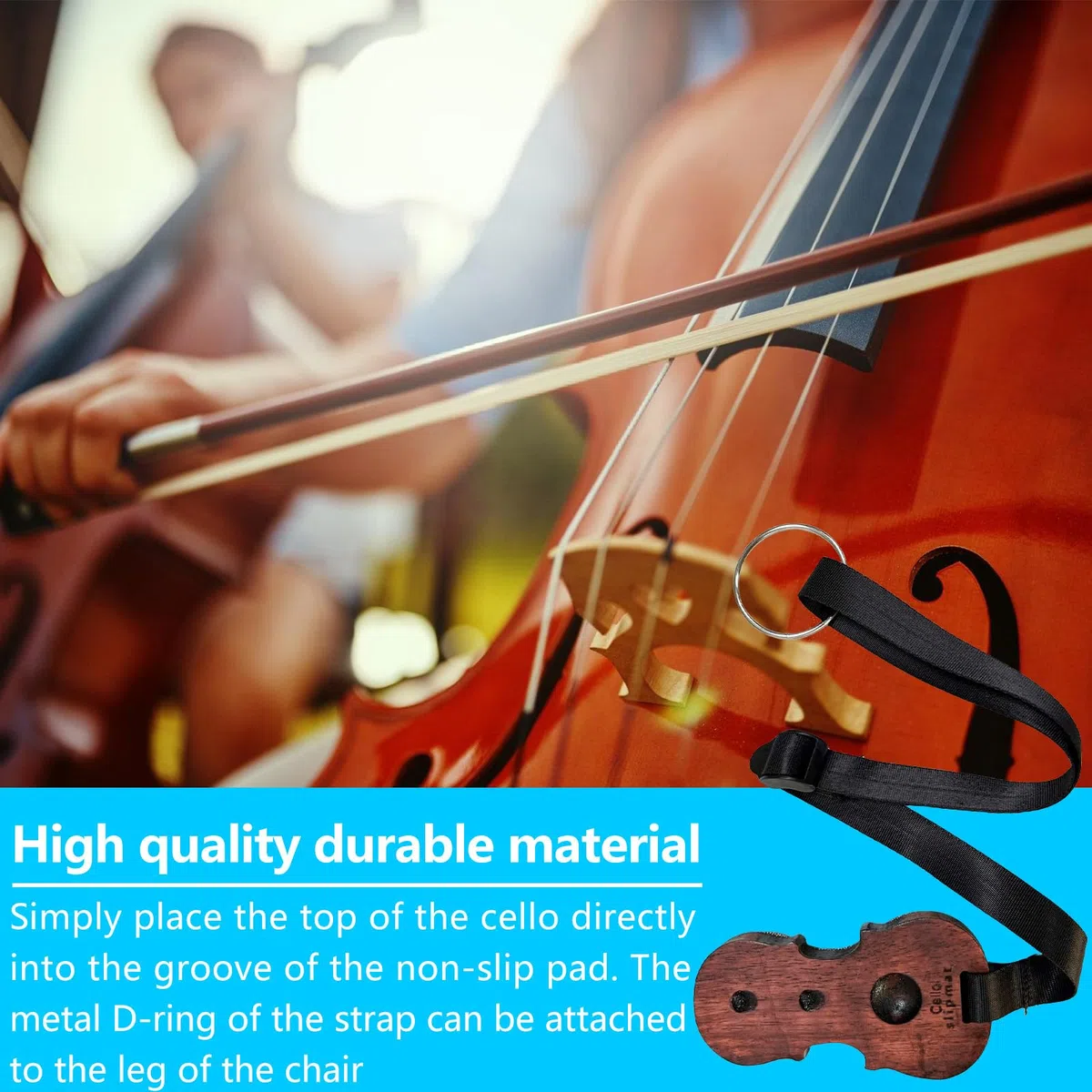 Cello Anti Rutsch Riemen, Holz Cello Rutsch Stopper mit 2 Anti Kappe, mit verstellbarem Nylongurt und 3 Löchern für Musikinstrument