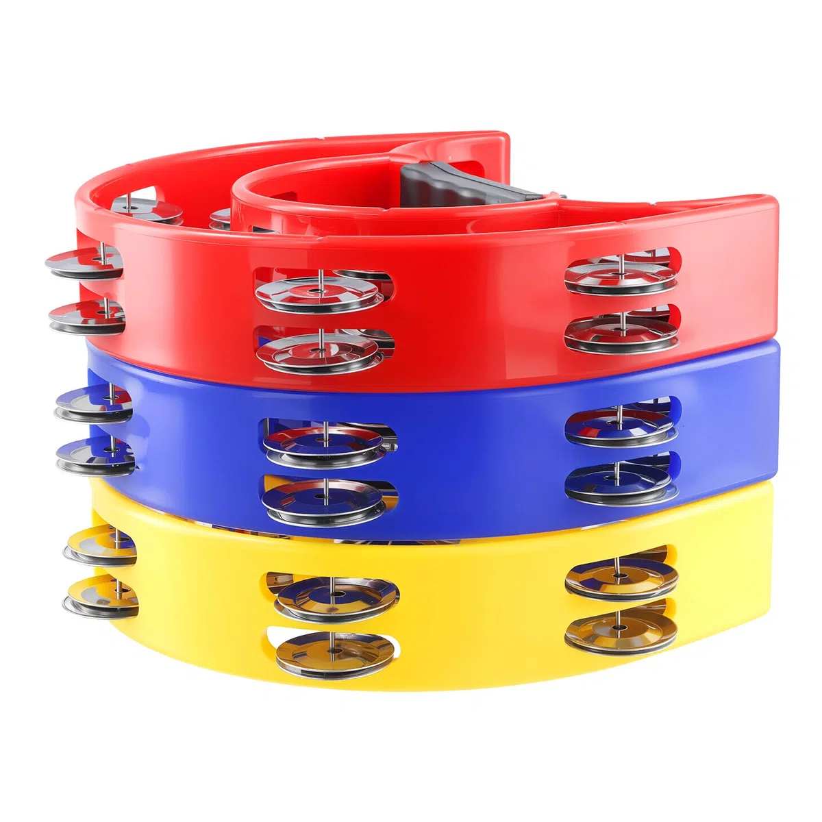 ZOENHOU Tamburin, 3 Stück Halbmond Form zweireihig Schellenring Schellenkranz, PP-Kunststoff Tambourine mit 20 Paar Metall Schellen, für Musiker, Bandproben, Party, KTV und Bar(Rot/Gelb/Blau)
